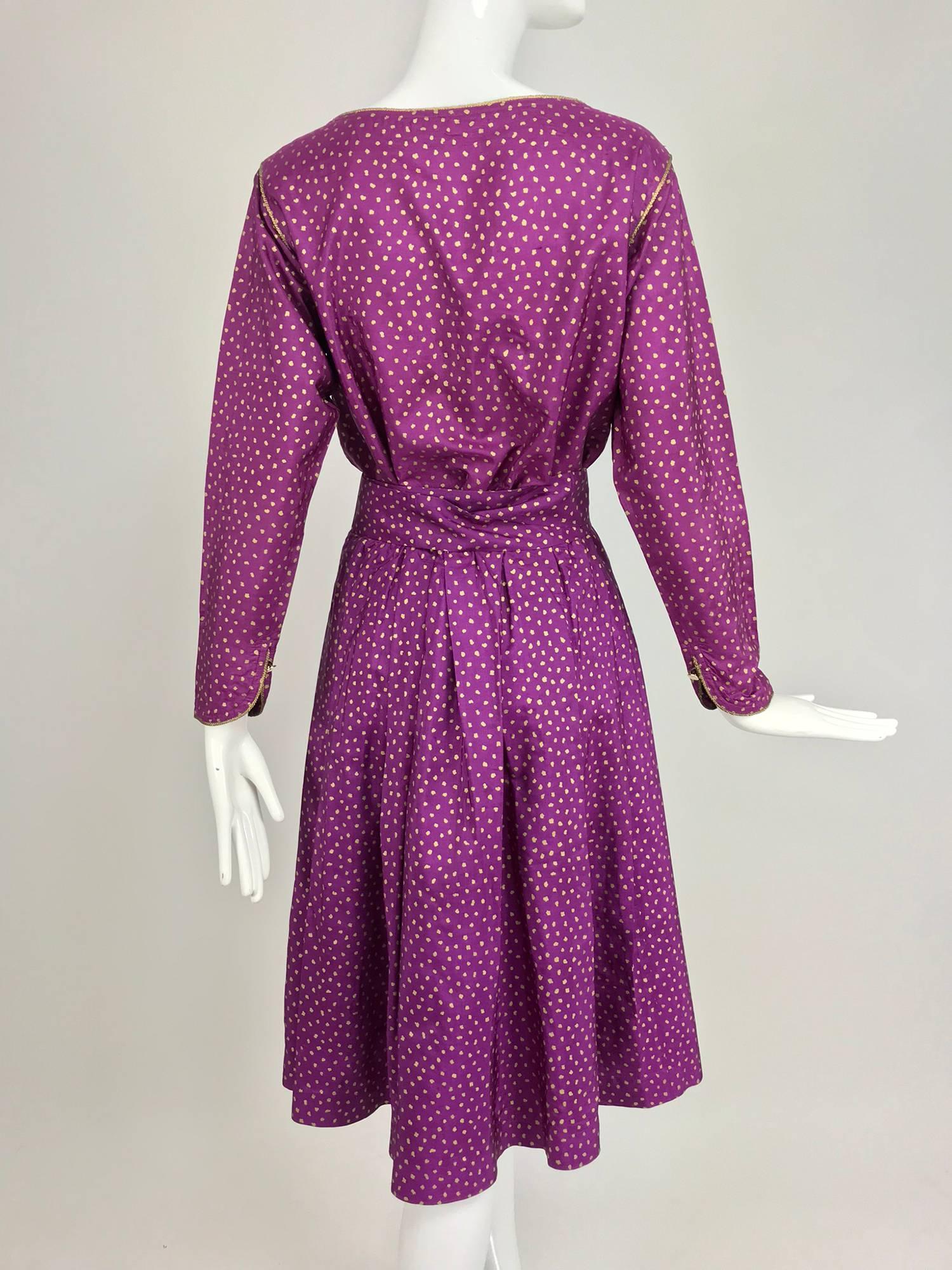 Purple Yves Saint Laurent fuchsia and gold silk print skirt set 1970s
