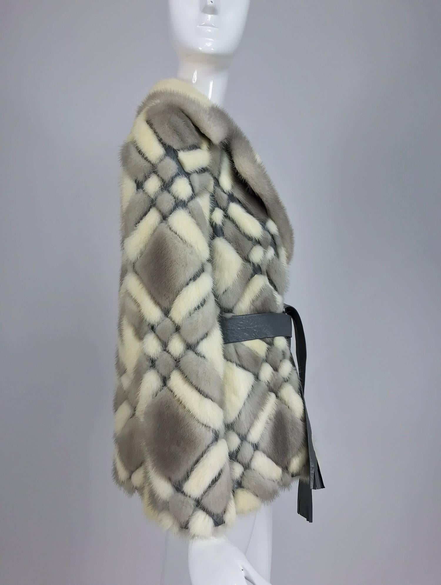 Mink jacket in a pieced grid pattern from the 1970s In Good Condition For Sale In West Palm Beach, FL