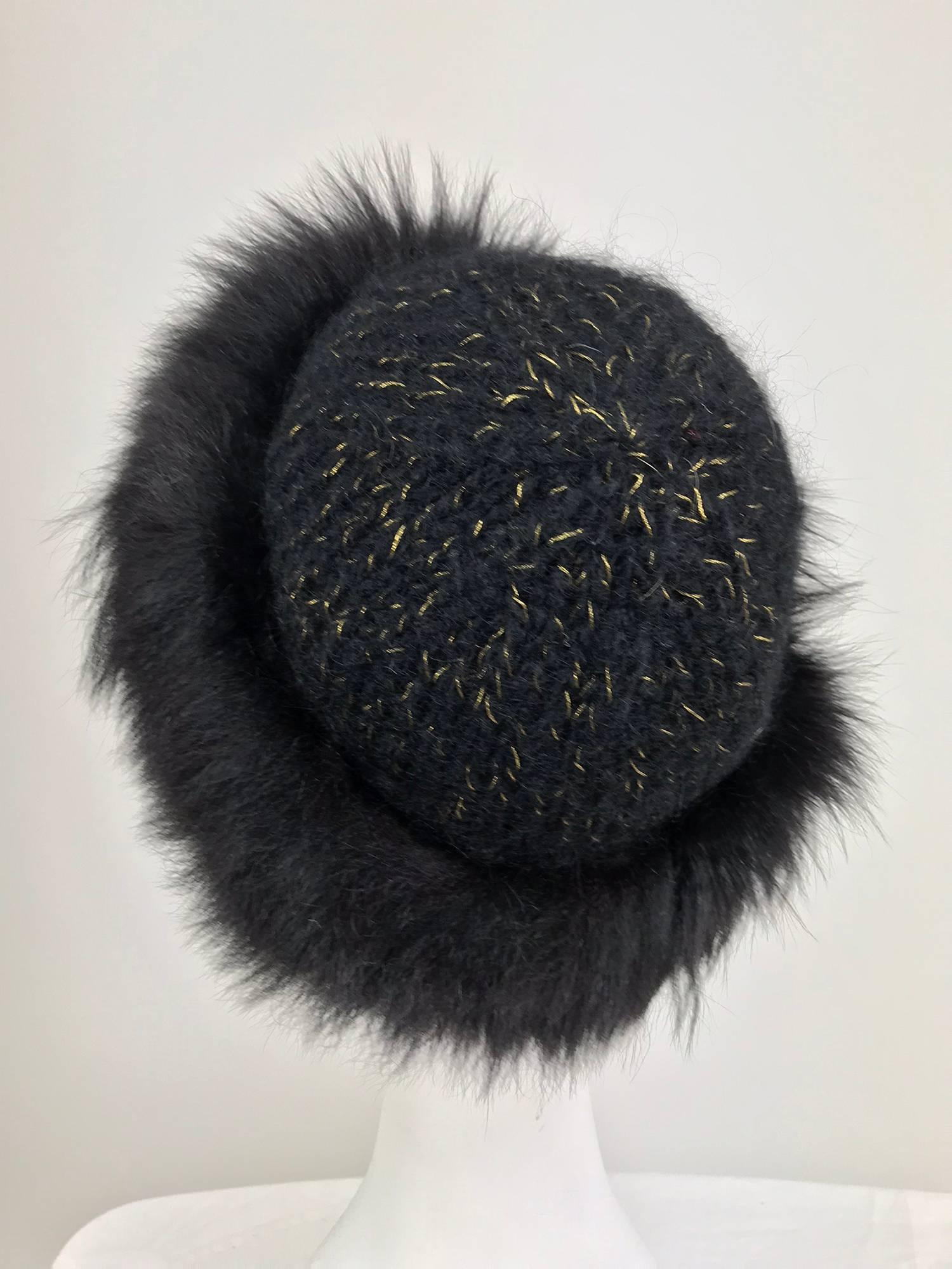 Black Lillie Rubin black fox fur and metallic knit hat 1970s