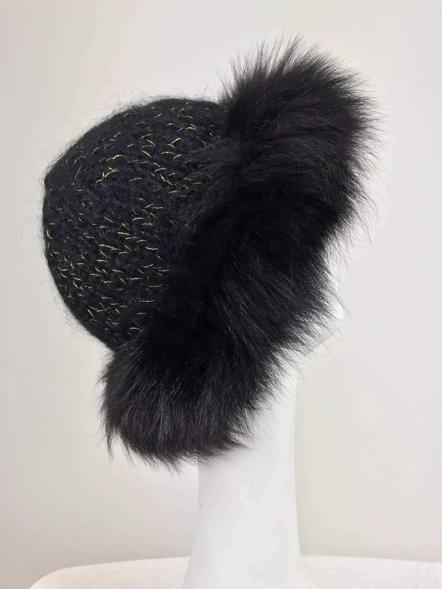 Lillie Rubin black fox fur and metallic knit hat 1970s In Excellent Condition In West Palm Beach, FL