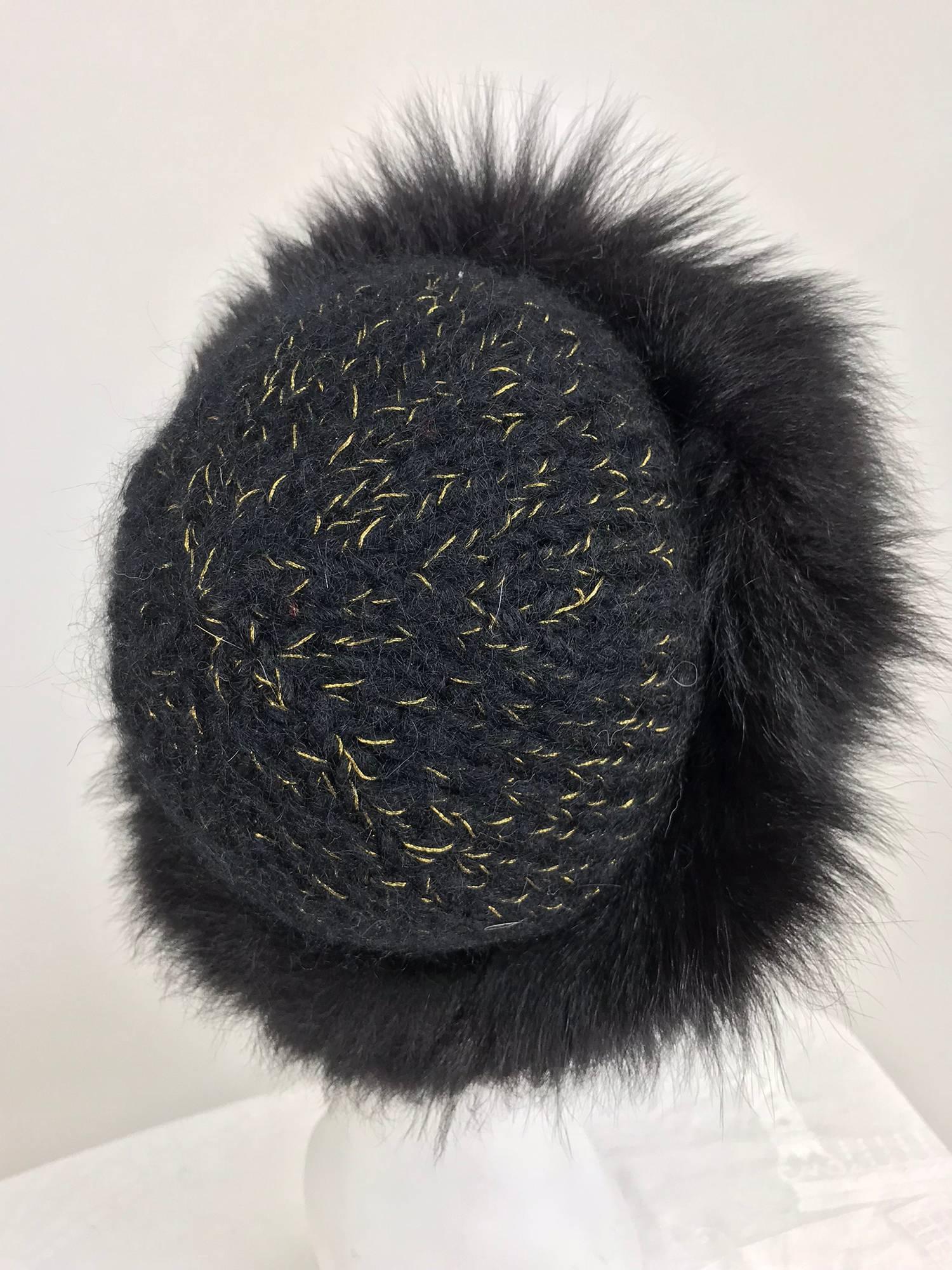 Women's Lillie Rubin black fox fur and metallic knit hat 1970s