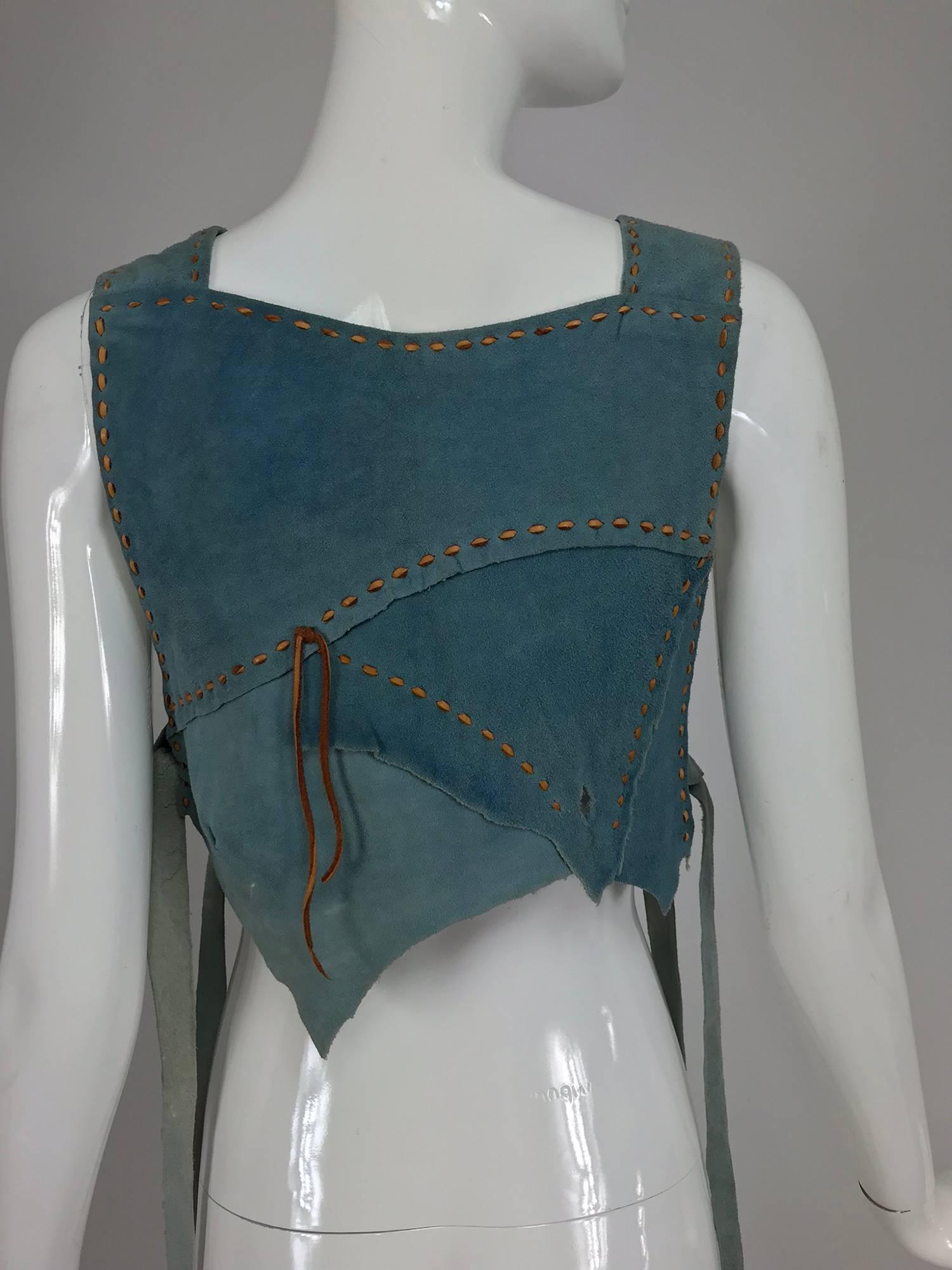 Cher's laced blue suede and leather stars applique halter top, 1960s In Excellent Condition In West Palm Beach, FL