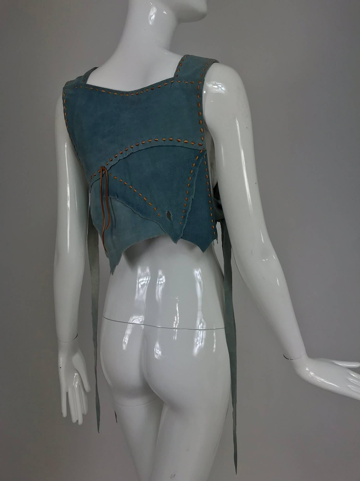 Women's Cher's laced blue suede and leather stars applique halter top, 1960s