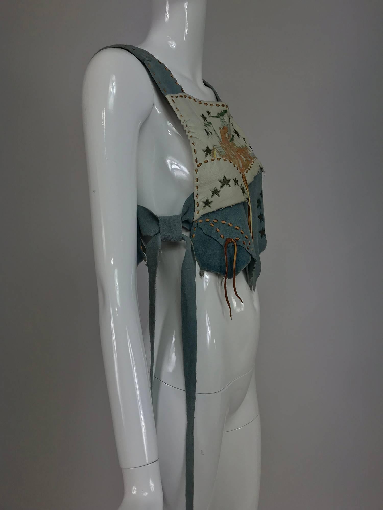 Cher's laced blue suede and leather stars applique halter top, 1960s 1