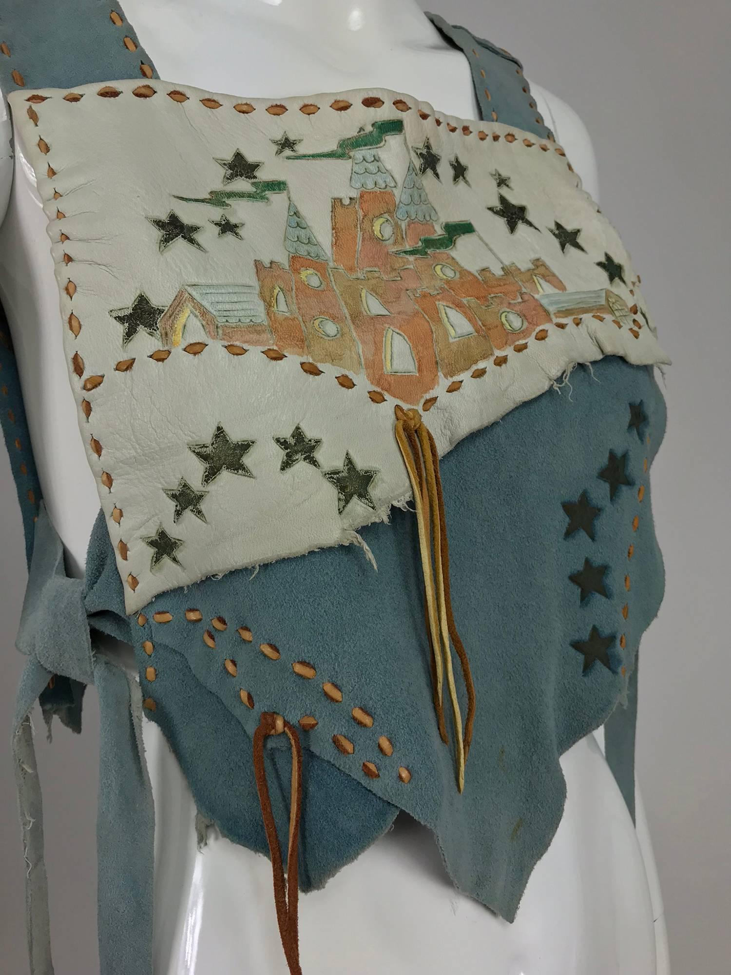 Cher's laced blue suede and leather stars applique halter top, 1960s 2