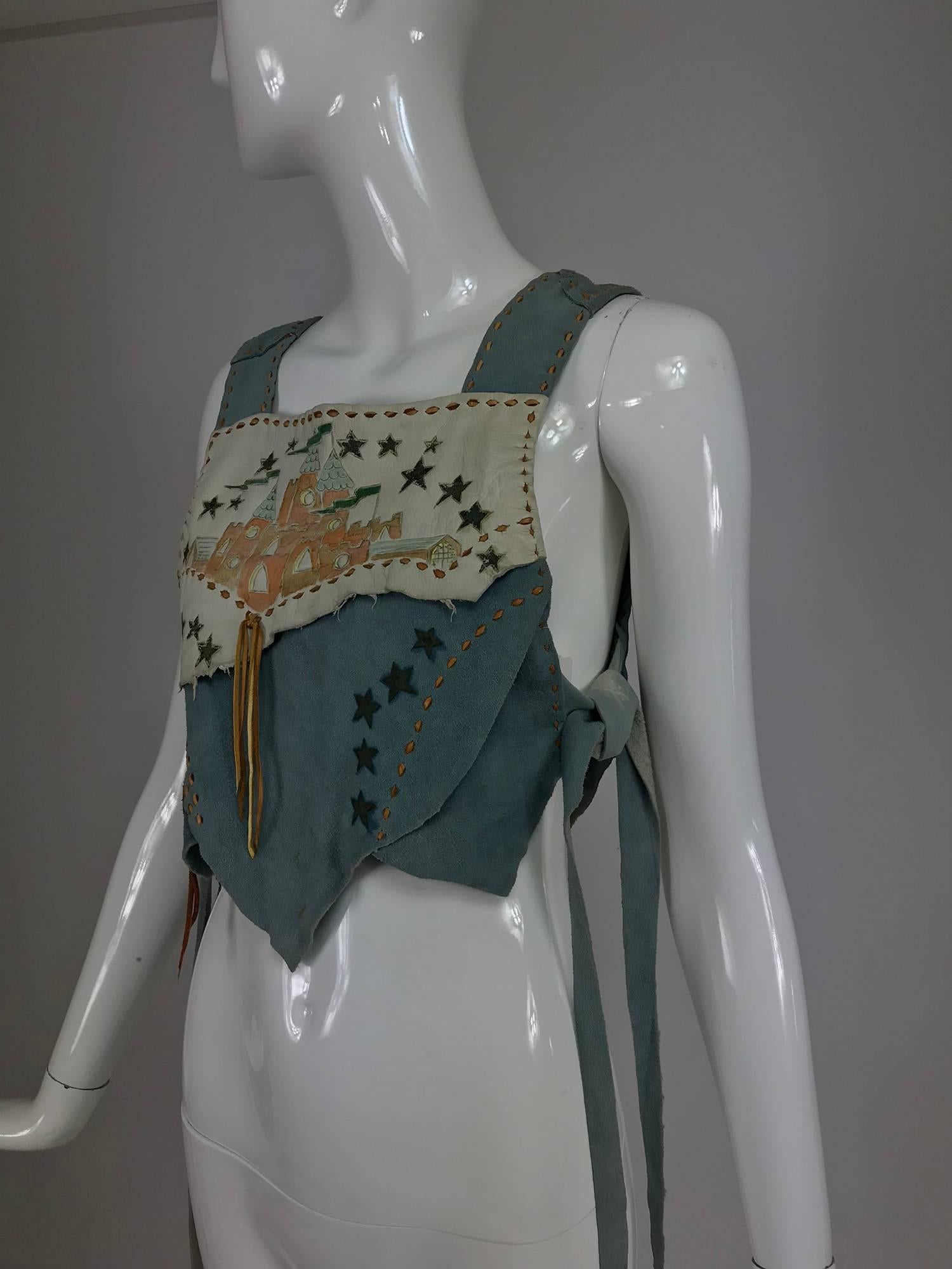 Cher's laced blue suede and leather stars applique halter top, 1960s 3