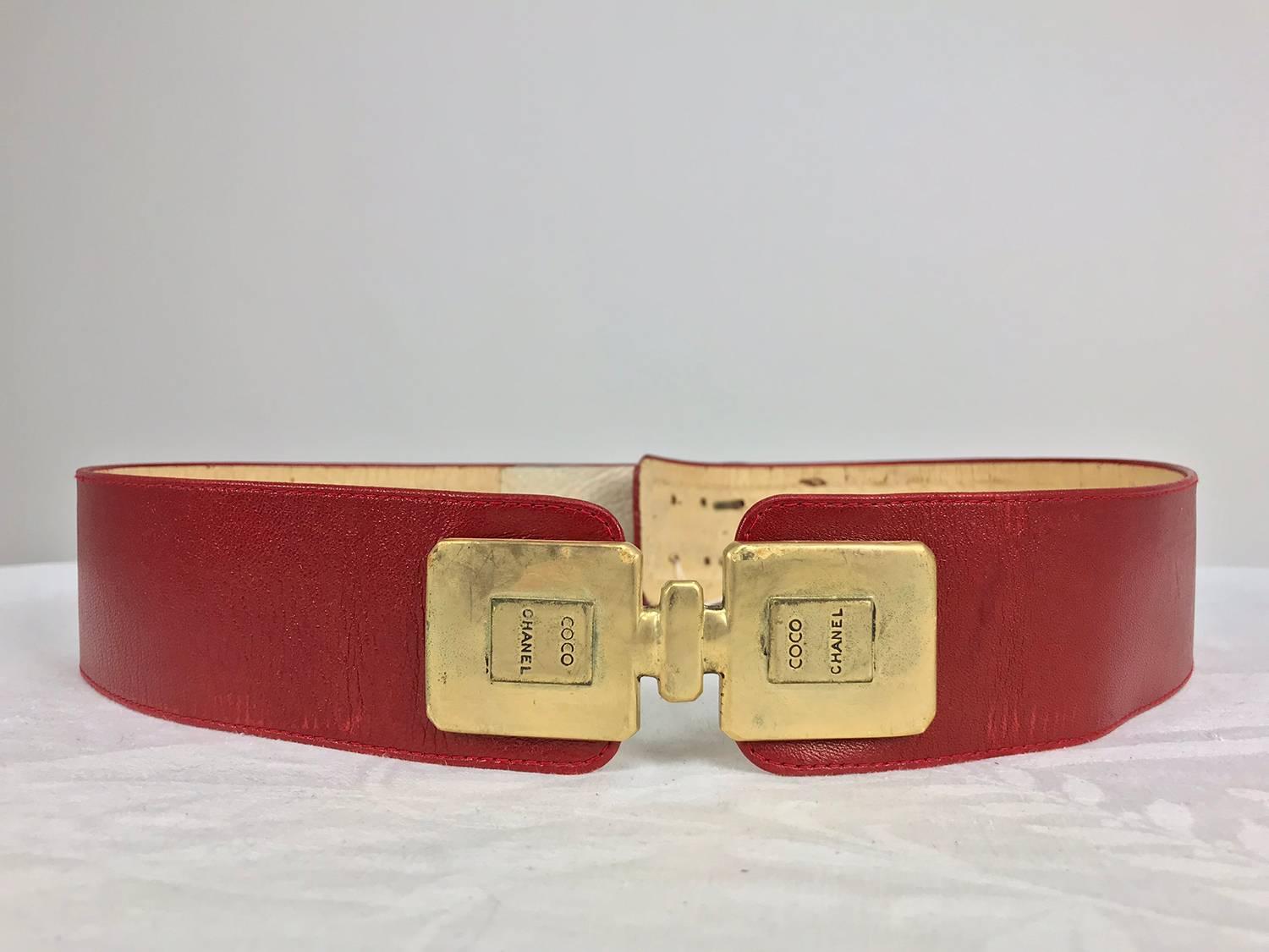 Women's Chanel Coco gold bottles with red leather belt vintage 1980s