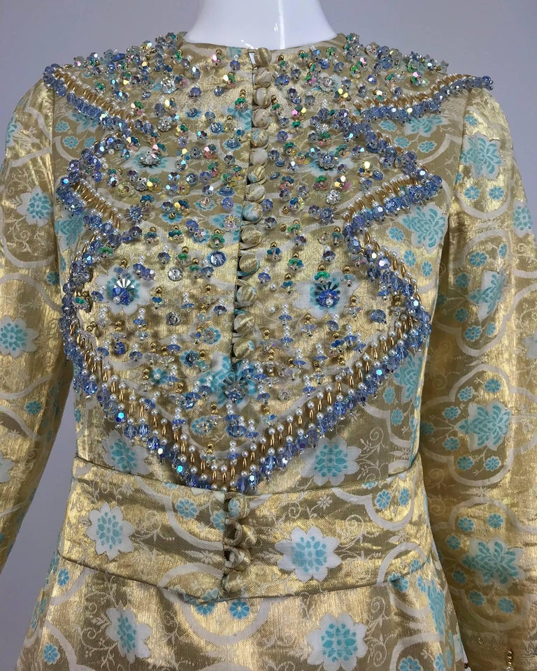 Tina Leser Original beaded gold metallic brocade maxi dress, 1960s For ...