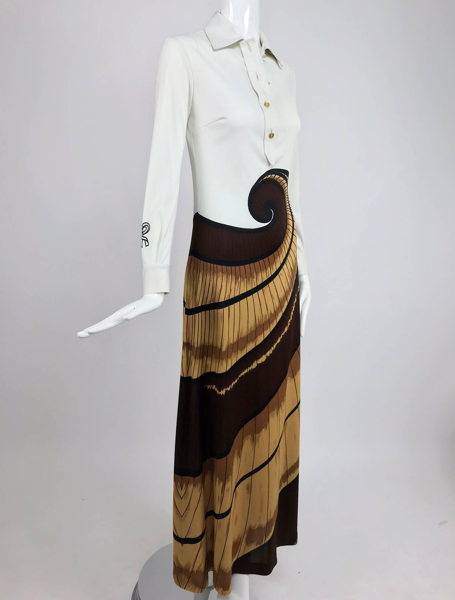 Roberta di Camerino Nautilus print maxi dress from the 1970s...An unusual di Camerino print from the 1970's the bodice in off white knit jersey with an oversize nautilus style print forming the focus of the dress...Done in blacks and browns it is an