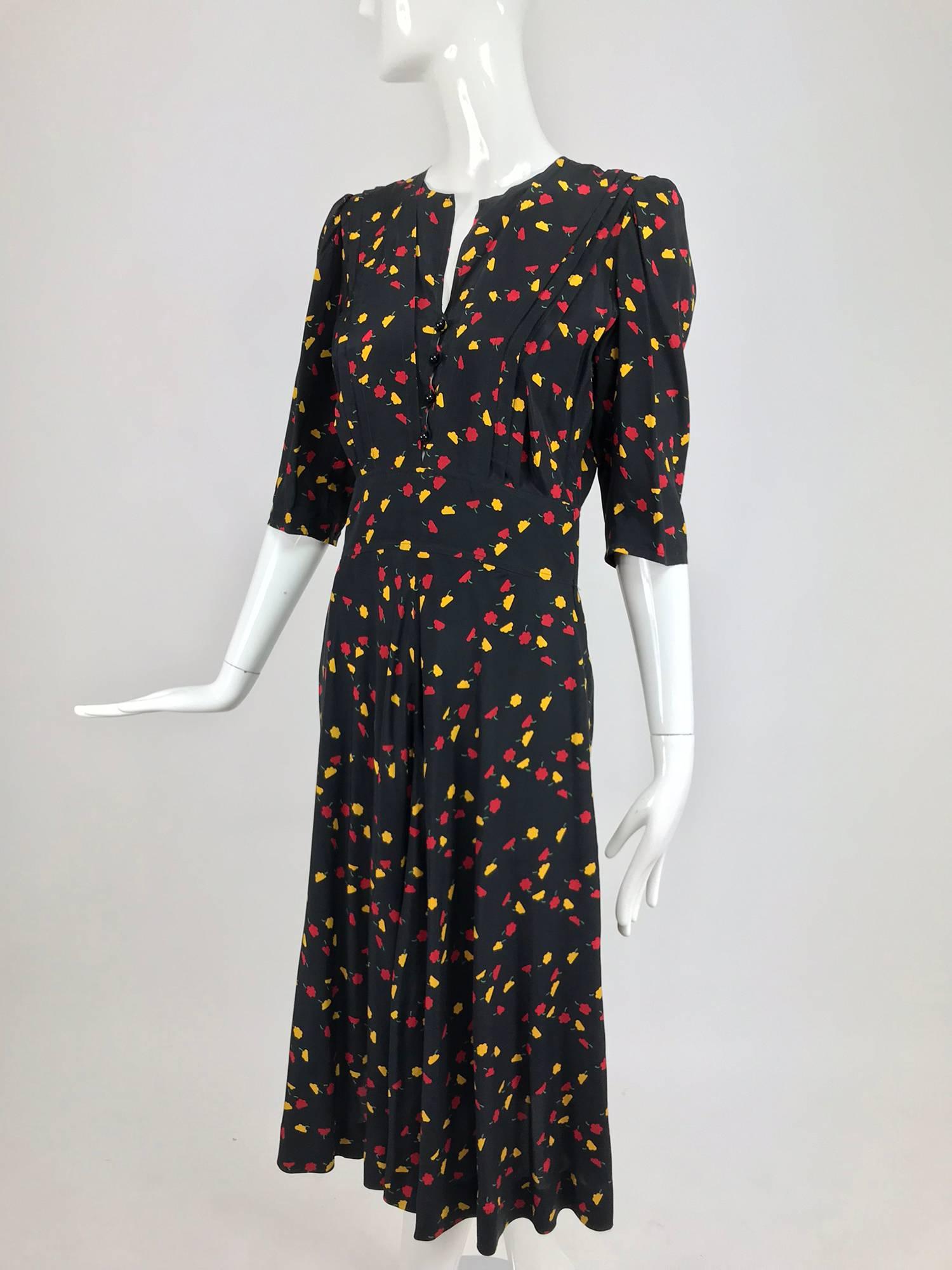 Black Ungaro floral print silk day dress, 1970s