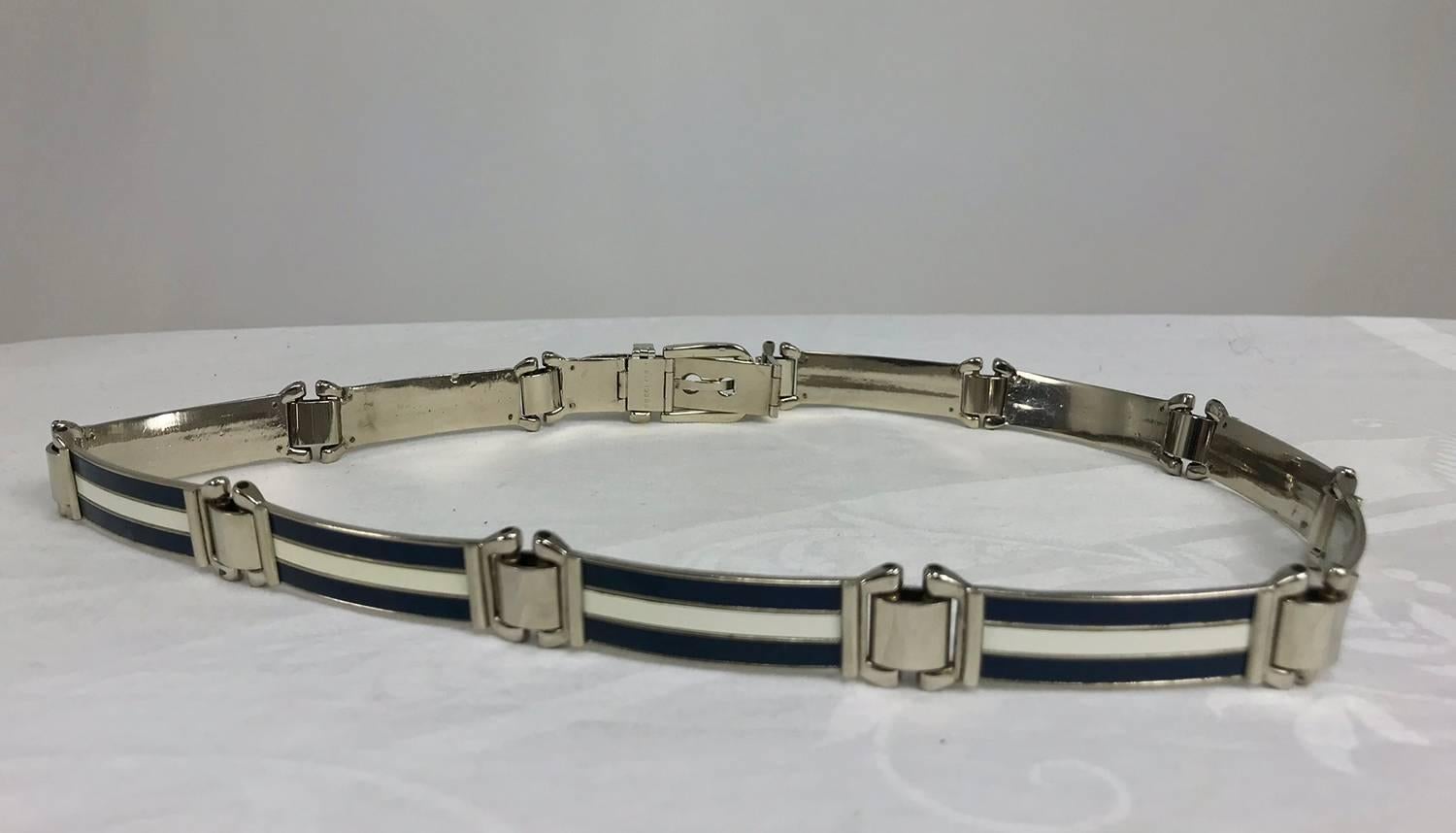 Black Gucci enamel stripe in dark blue and silver metal belt, 1970s