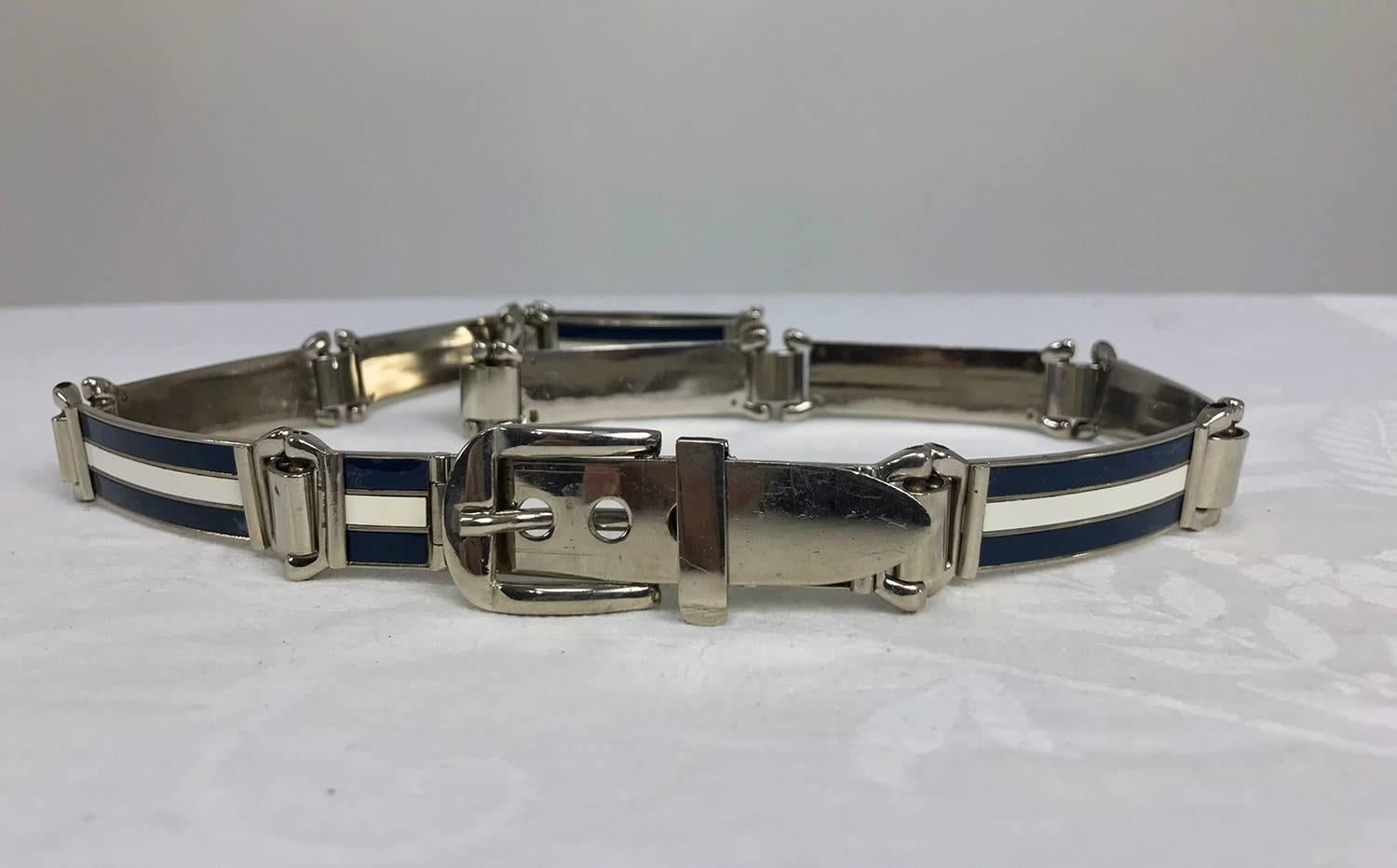 Women's Gucci enamel stripe in dark blue and silver metal belt, 1970s