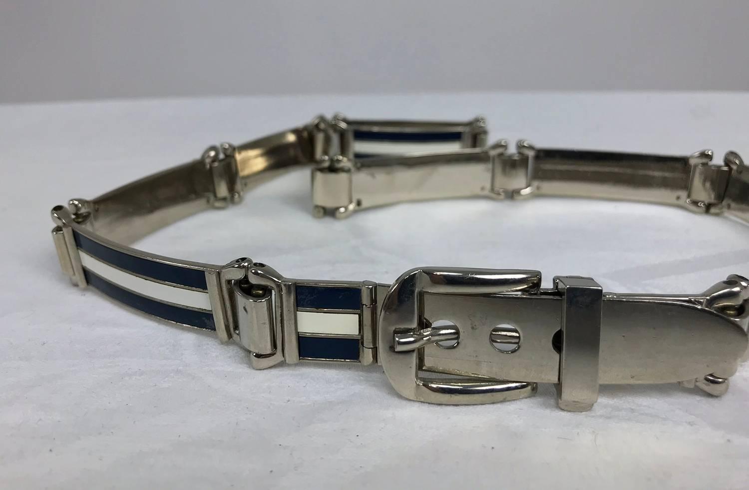 Gucci enamel stripe in dark blue and silver metal belt, 1970s 1