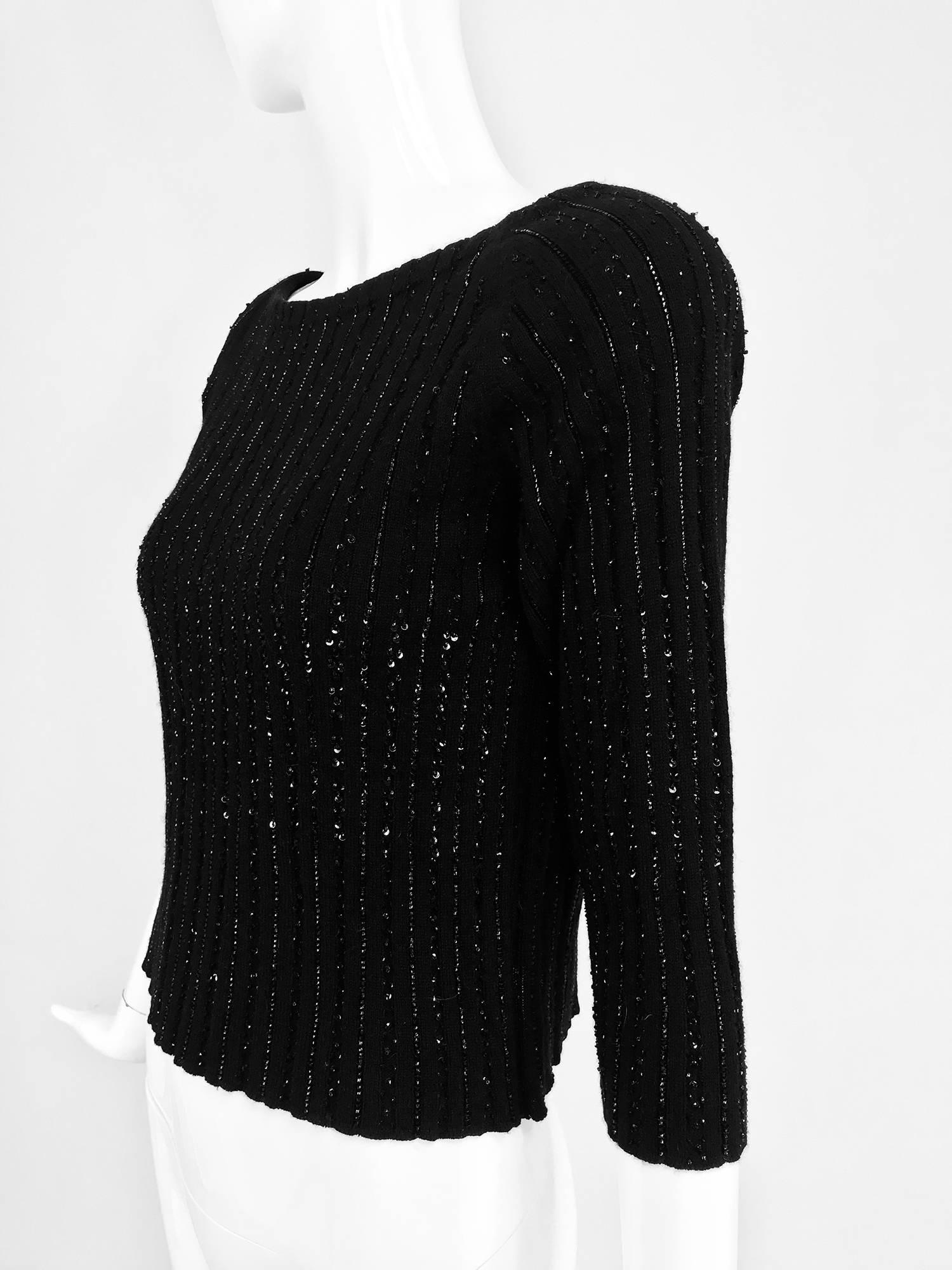Black Oscar de la Renta black beaded 100% cashmere pullover sweater