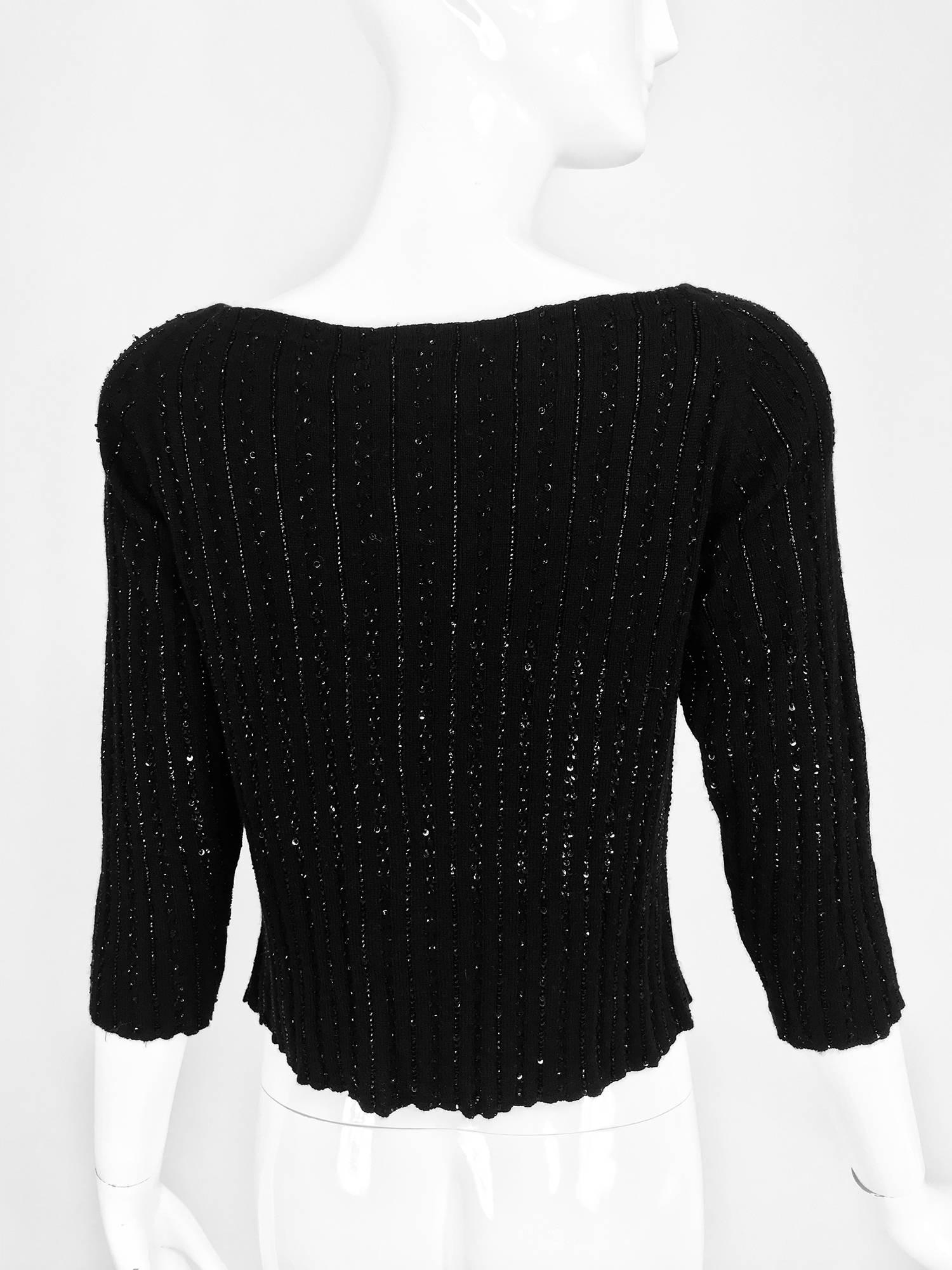 Oscar de la Renta black beaded 100% cashmere pullover sweater 2