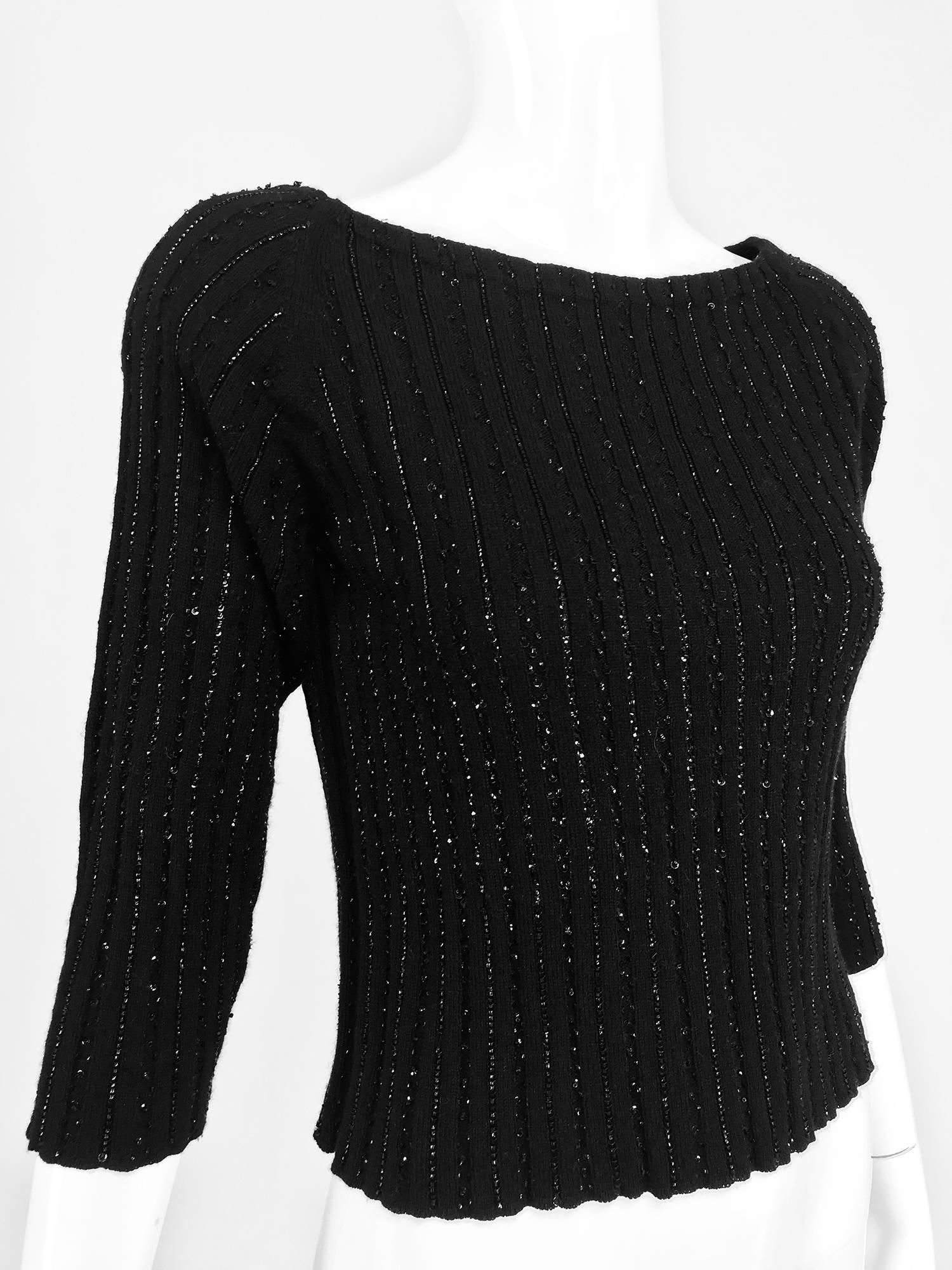 Oscar de la Renta black beaded 100% cashmere pullover sweater 8