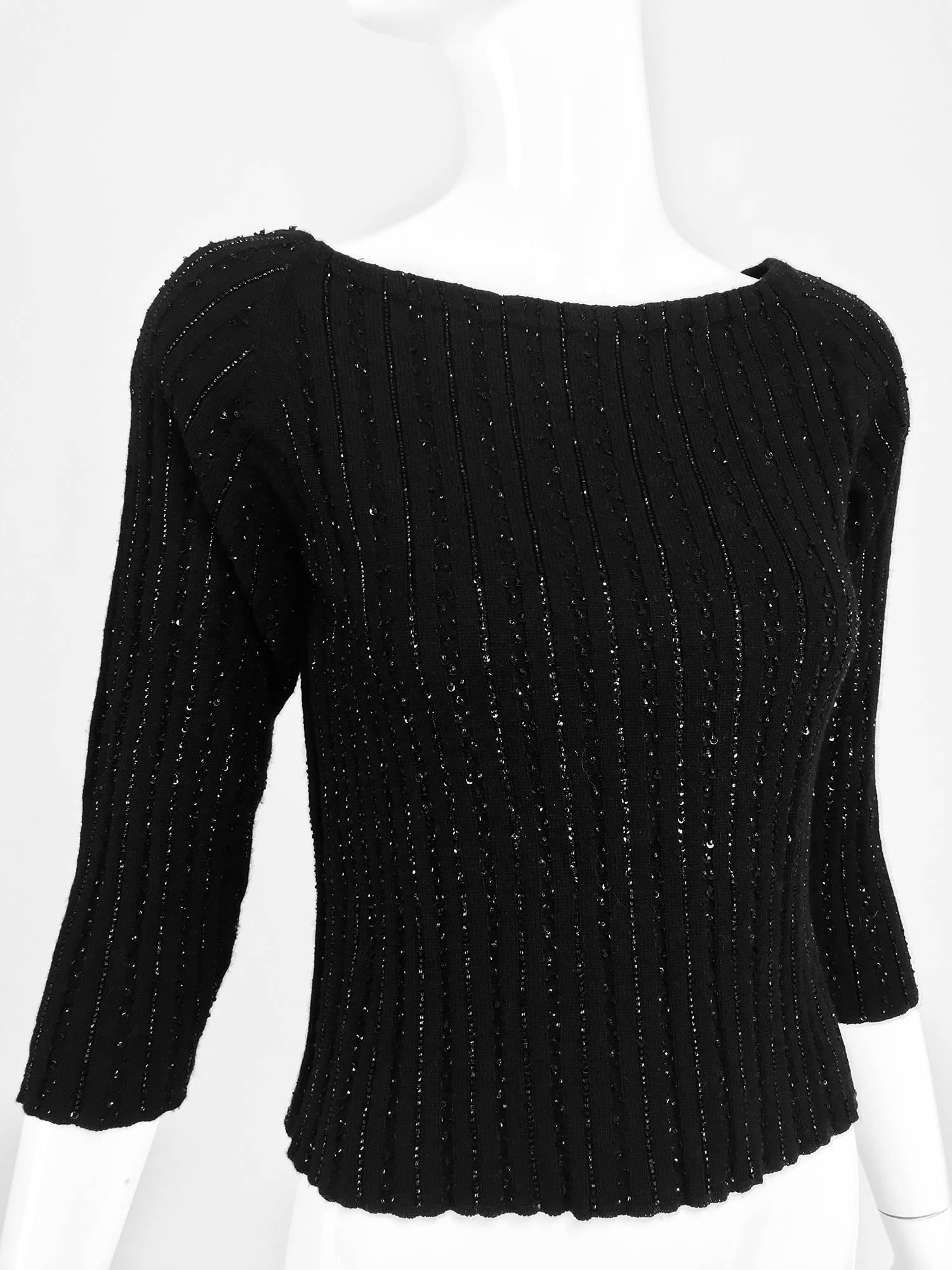 Oscar de la Renta black beaded 100% cashmere pullover sweater 9