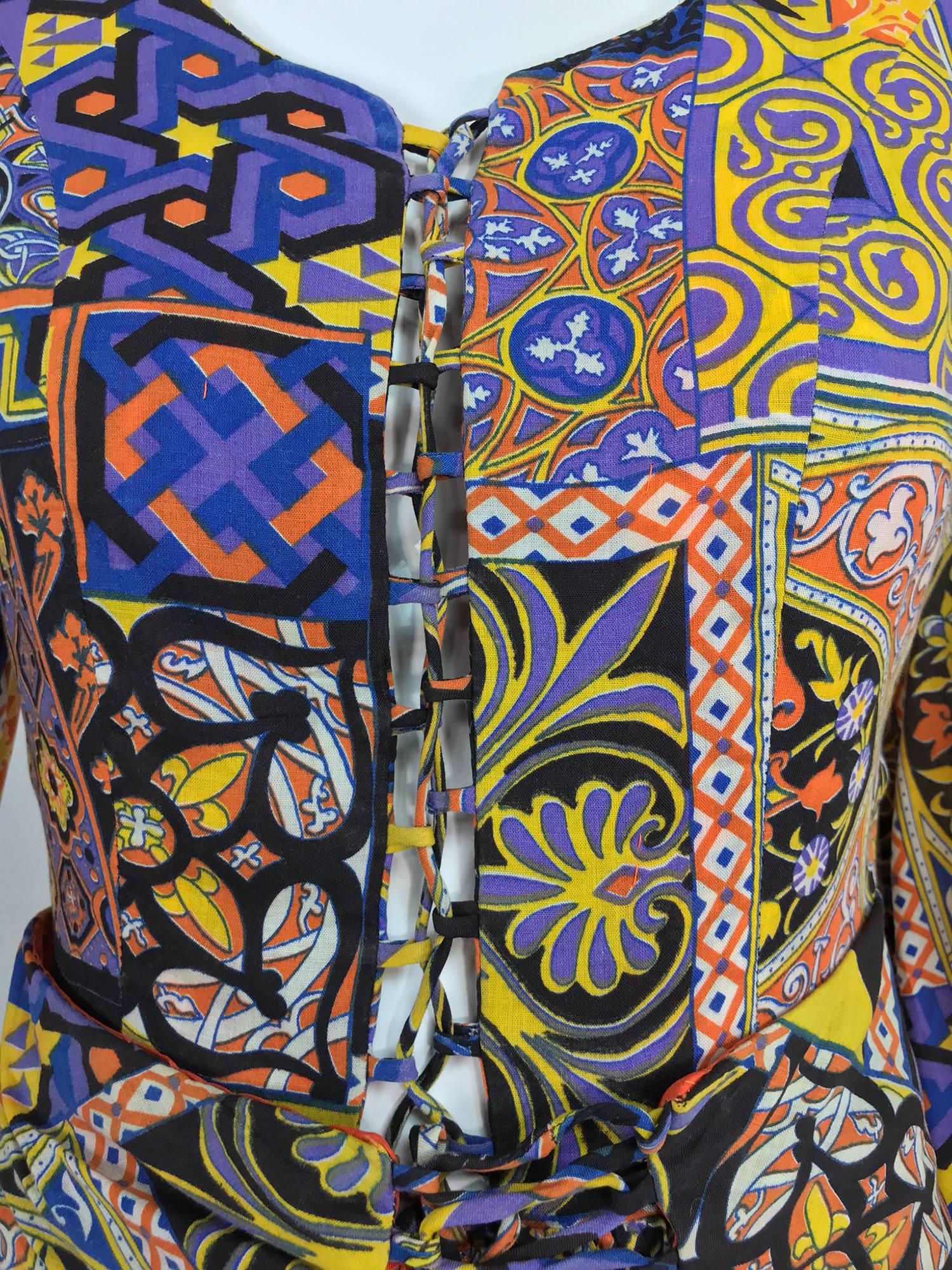 Black Moorish mosaic cotton print laced front bohemian dress 1960s