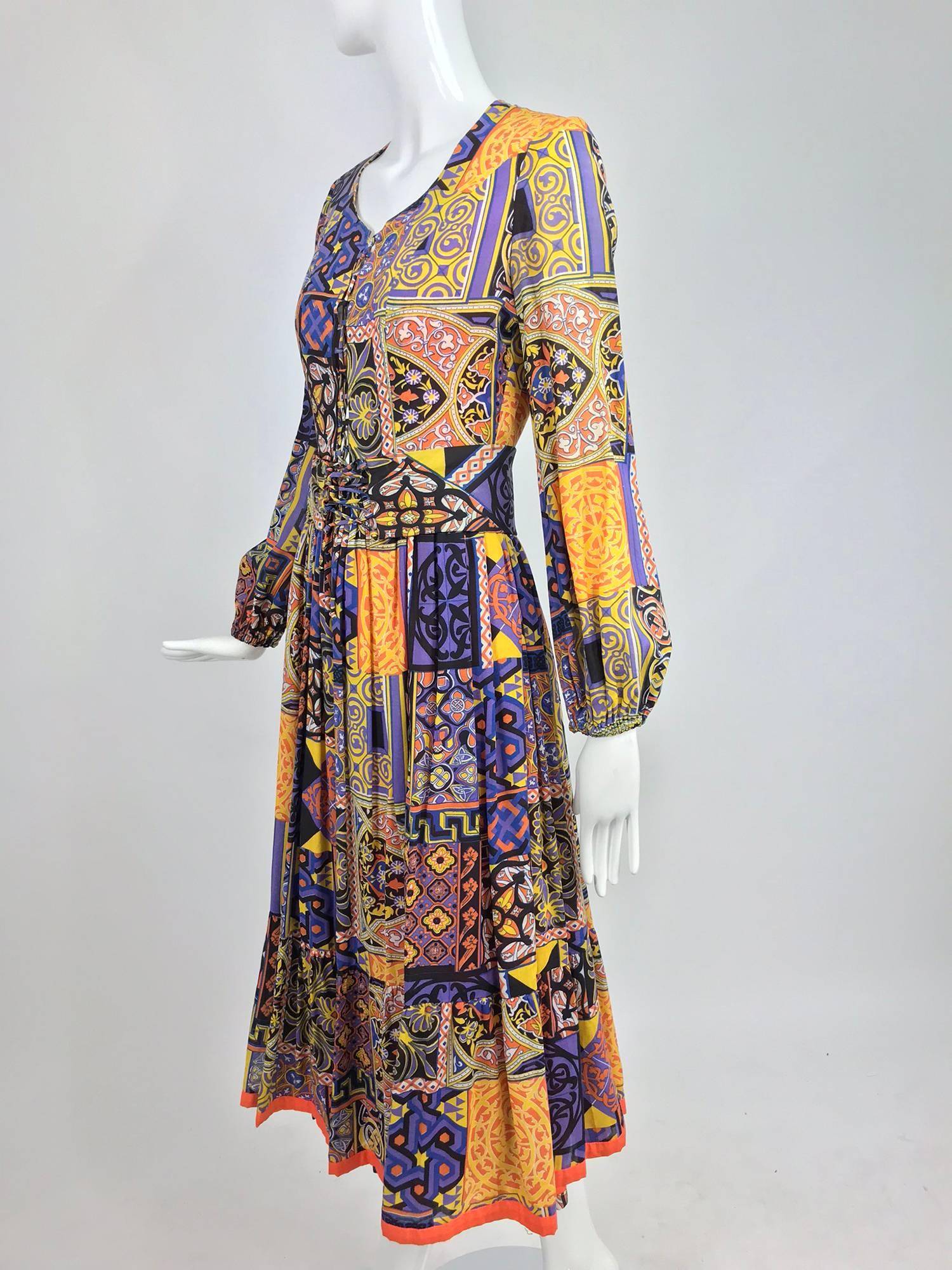 Women's Moorish mosaic cotton print laced front bohemian dress 1960s
