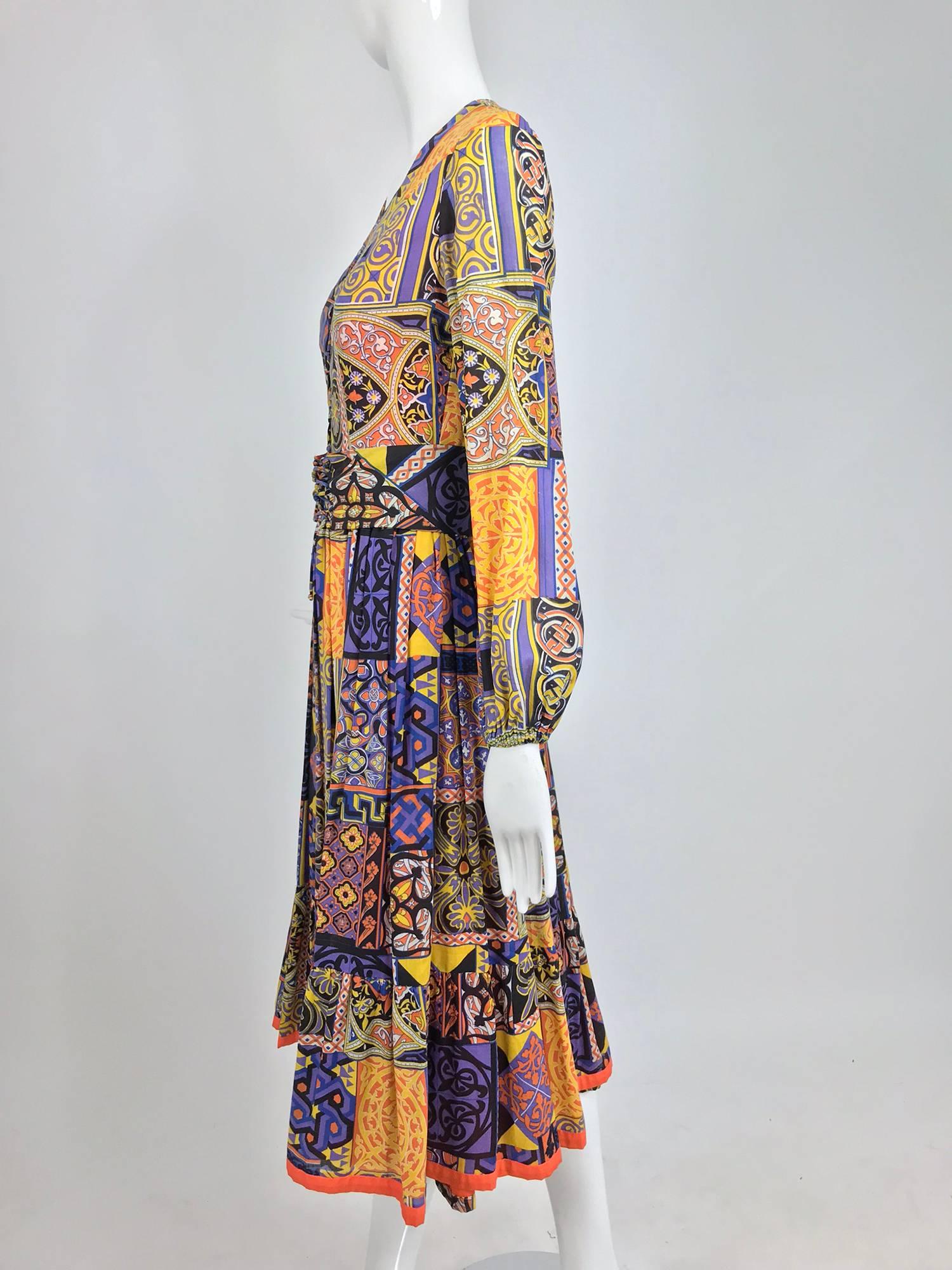 Moorish mosaic cotton print laced front bohemian dress 1960s 1
