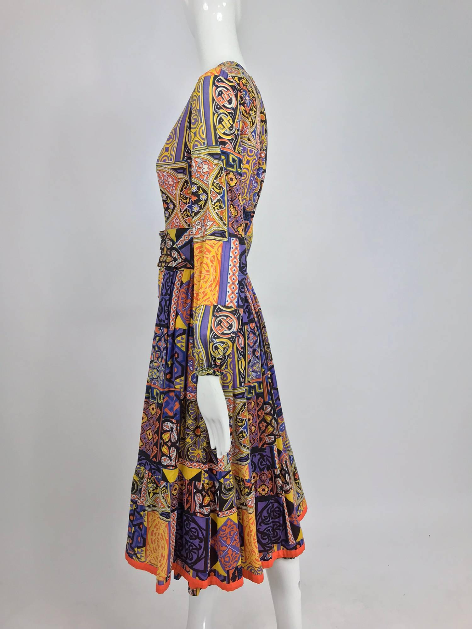 Moorish mosaic cotton print laced front bohemian dress 1960s at 1stDibs