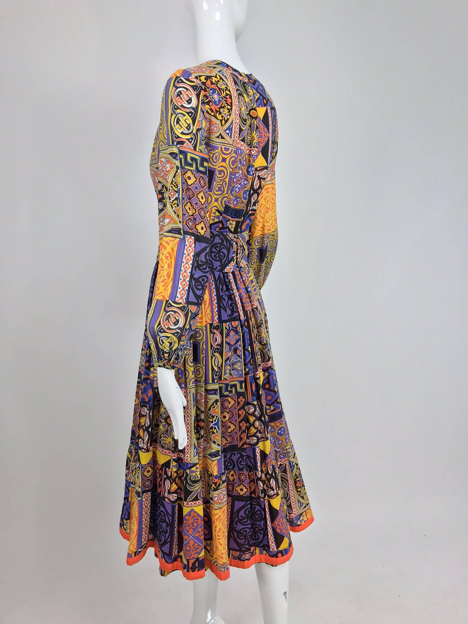 Moorish mosaic cotton print laced front bohemian dress 1960s 3