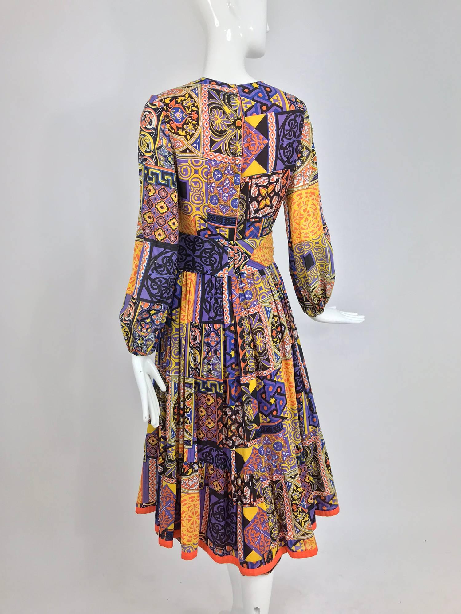 Moorish mosaic cotton print laced front bohemian dress 1960s 4