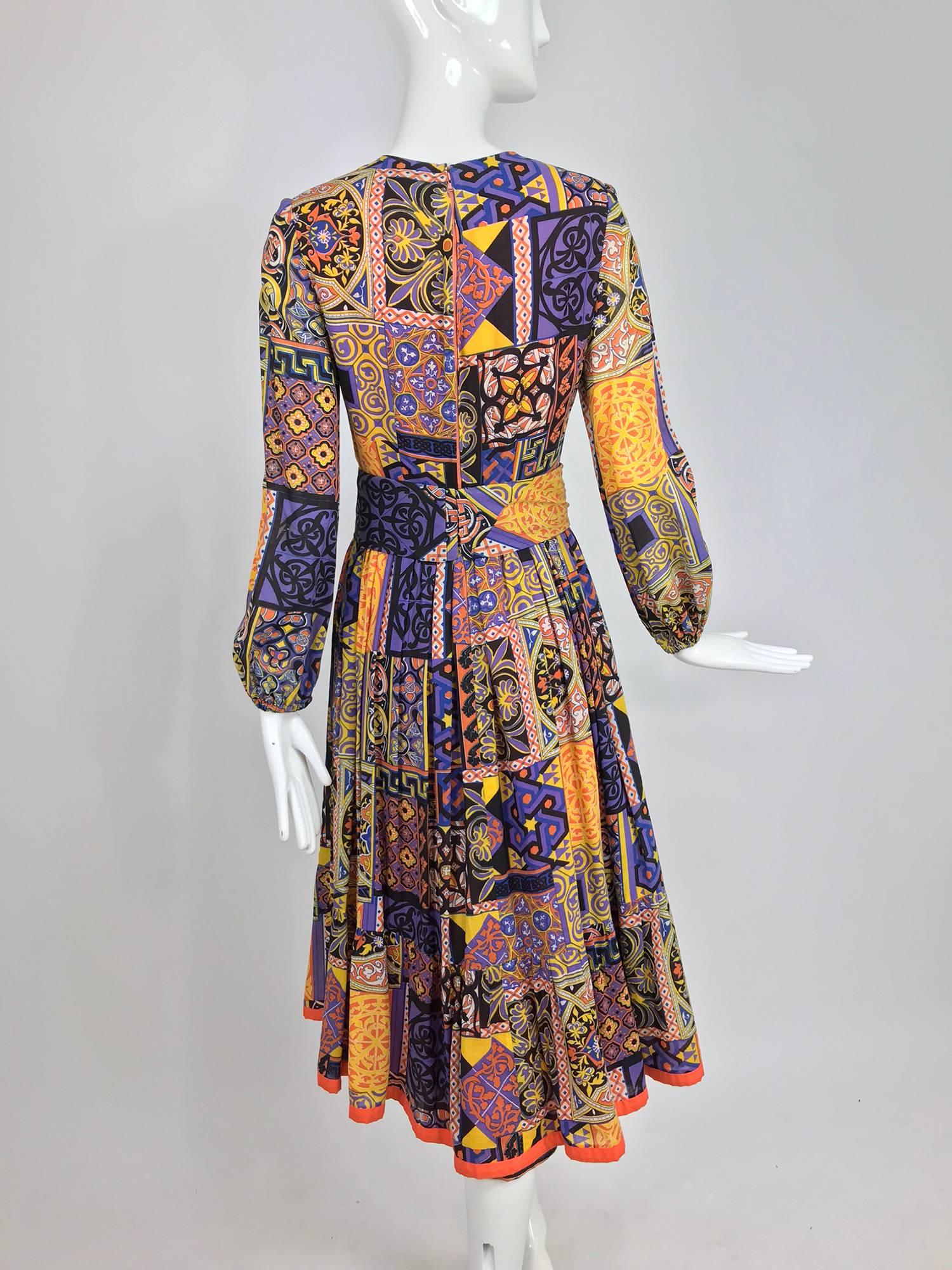 Moorish mosaic cotton print laced front bohemian dress 1960s 5