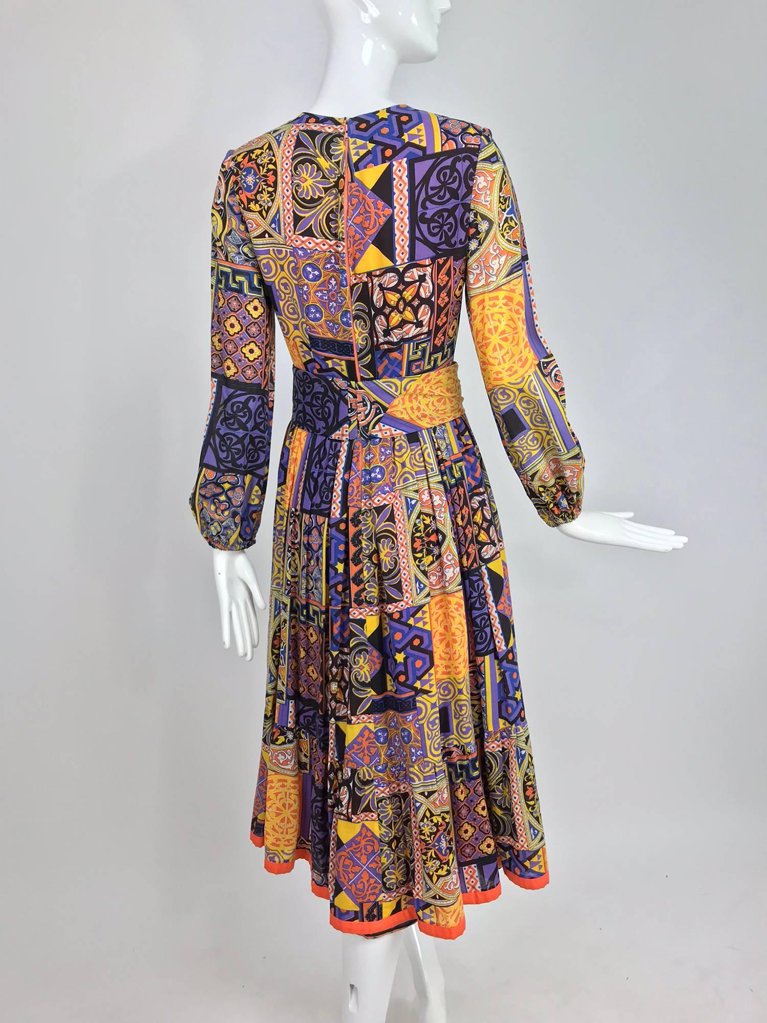 Moorish mosaic cotton print laced front bohemian dress 1960s 6