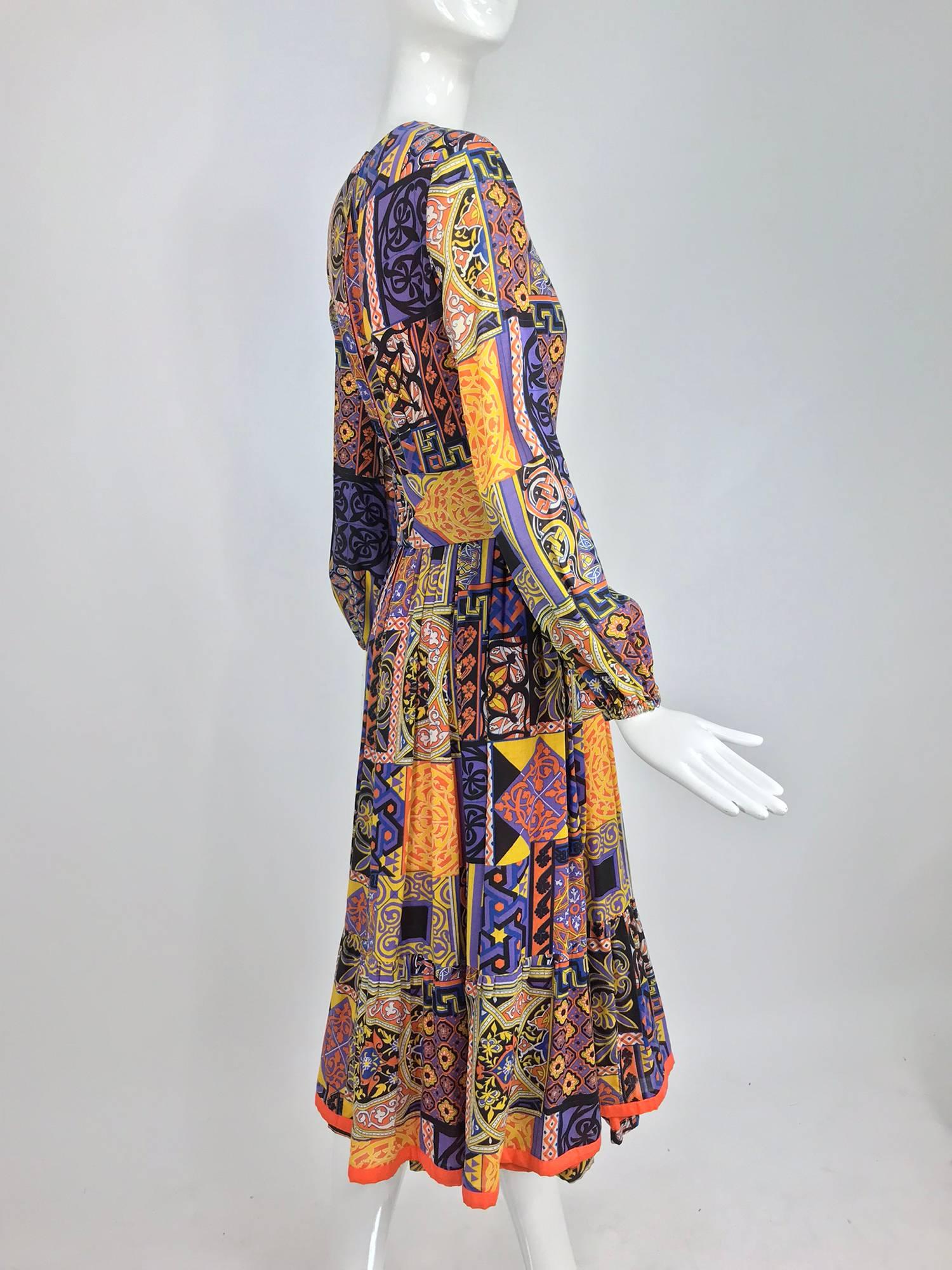 Moorish mosaic cotton print laced front bohemian dress 1960s 8