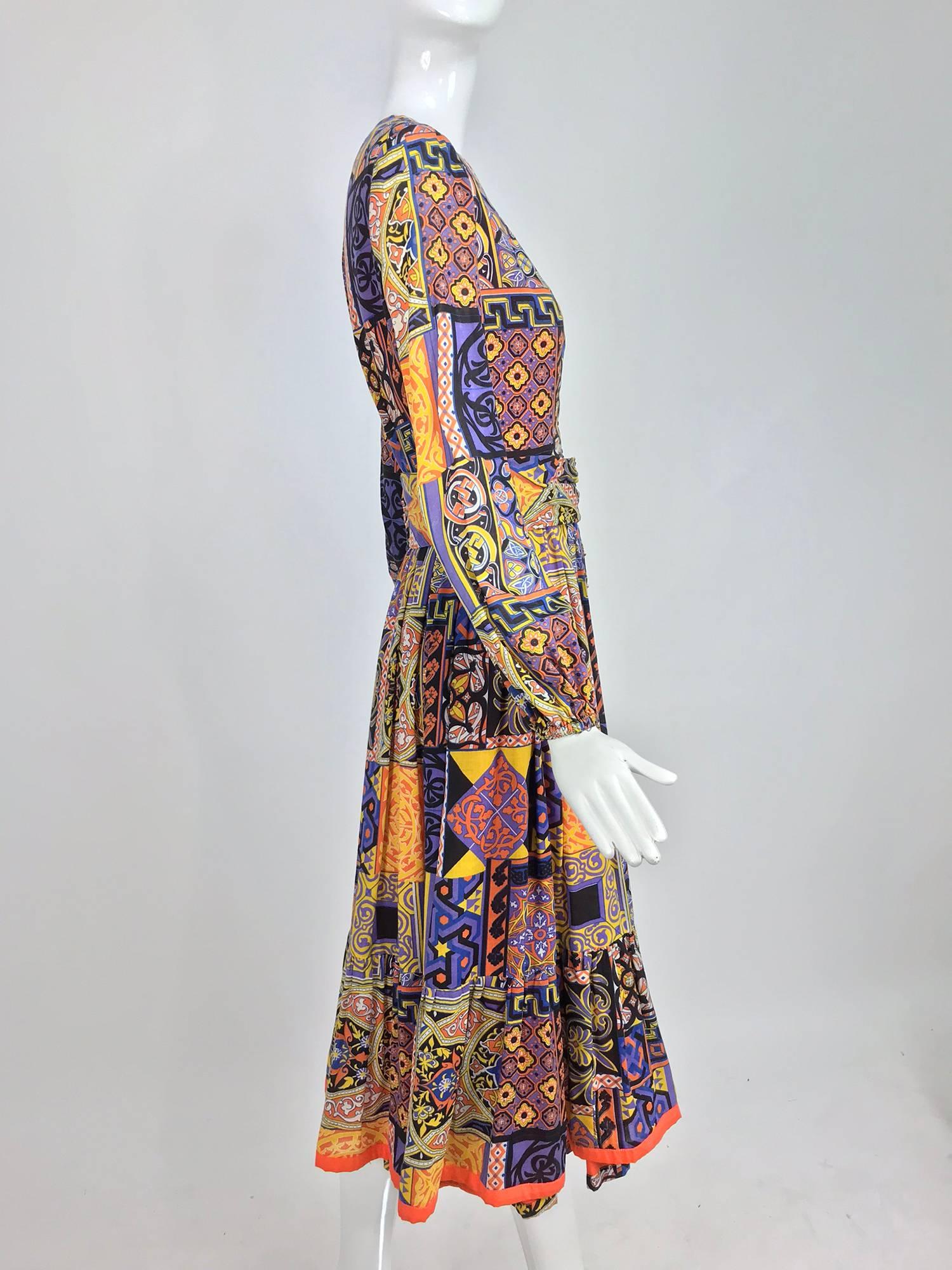 Moorish mosaic cotton print laced front bohemian dress 1960s 9