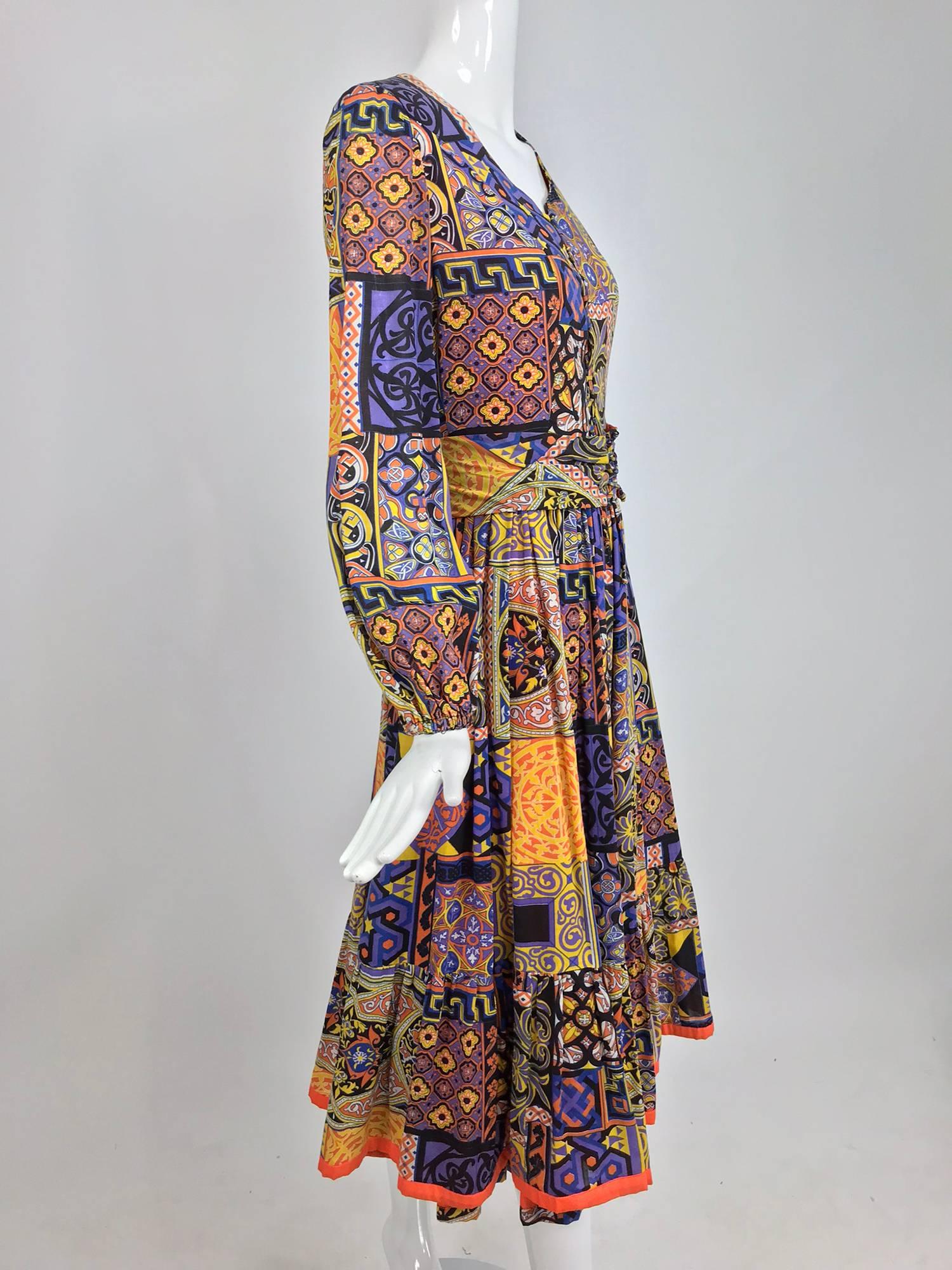Moorish mosaic cotton print laced front bohemian dress 1960s 10