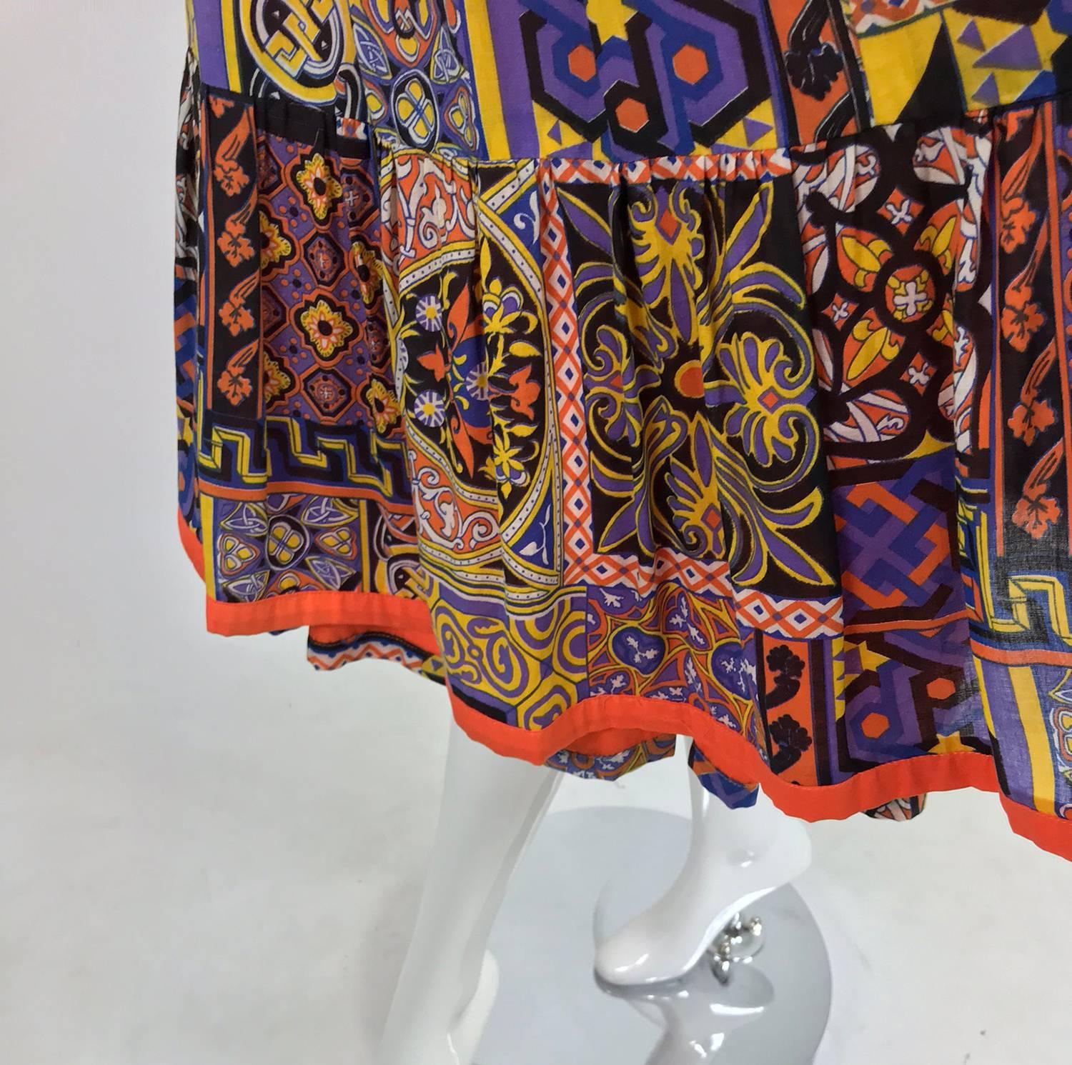 Moorish mosaic cotton print laced front bohemian dress 1960s 11