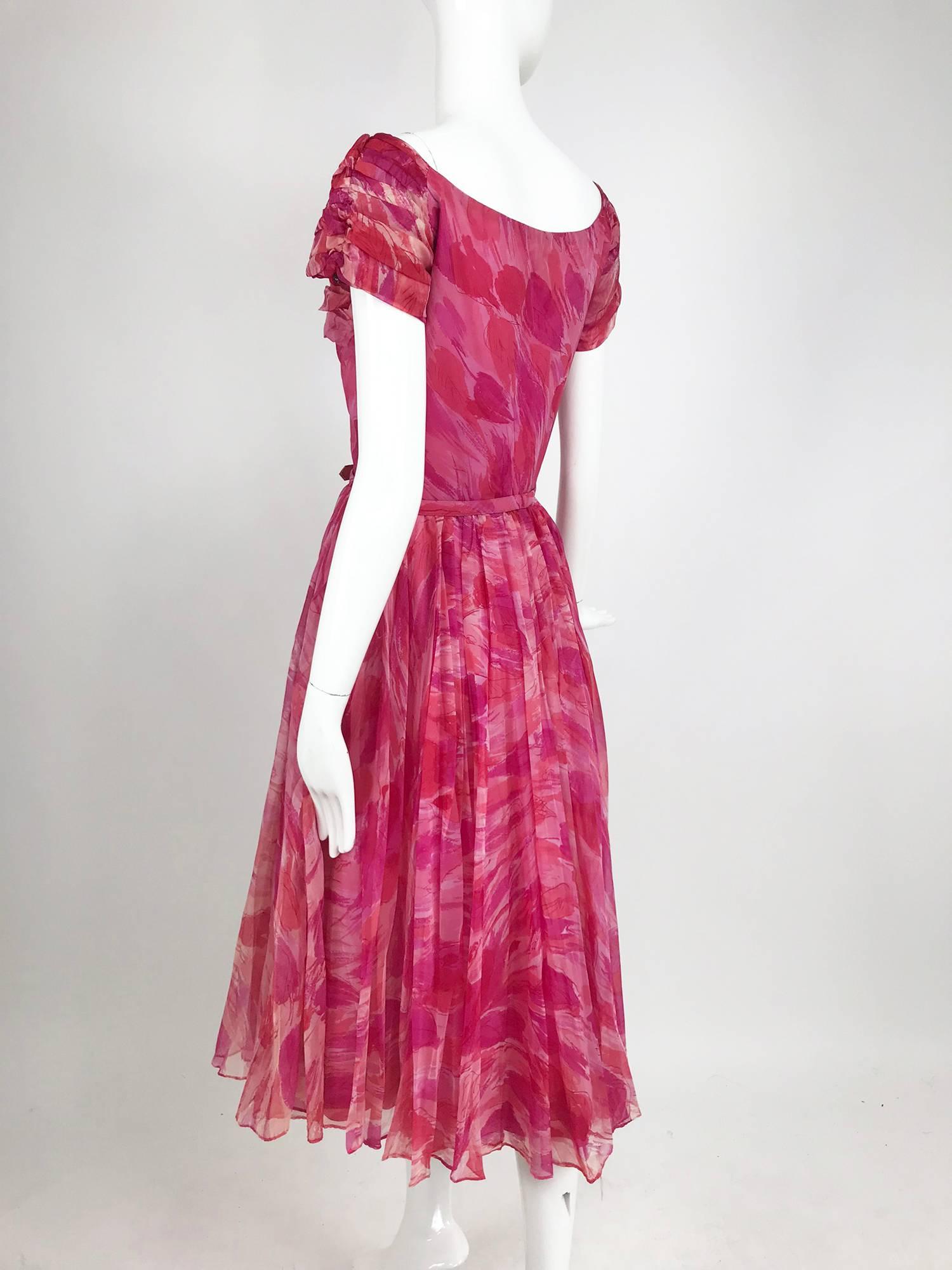 Pink Hot pink modernist floral print off the shoulder early 1960s organza dress