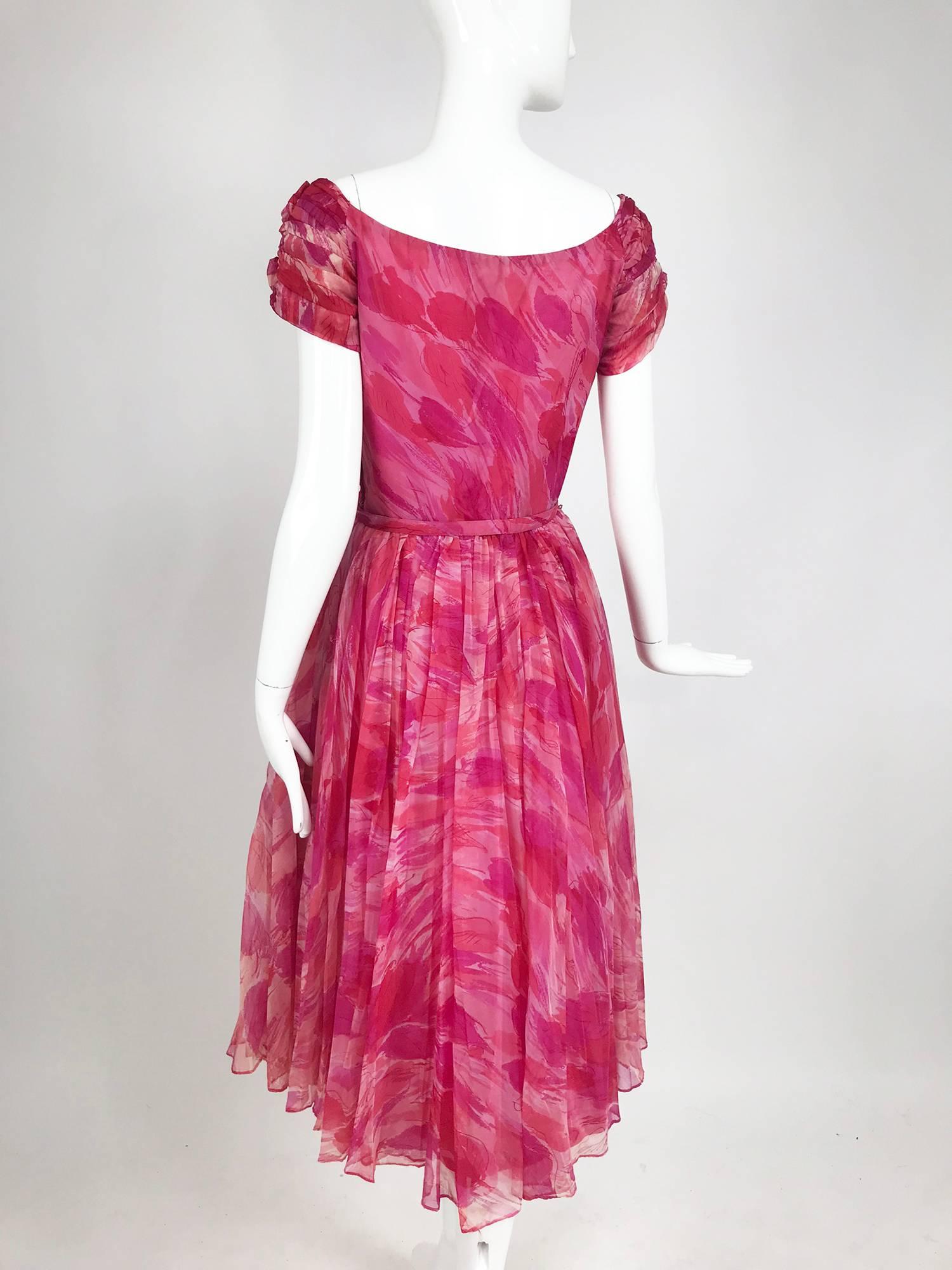 Hot pink modernist floral print off the shoulder early 1960s organza dress In Excellent Condition In West Palm Beach, FL