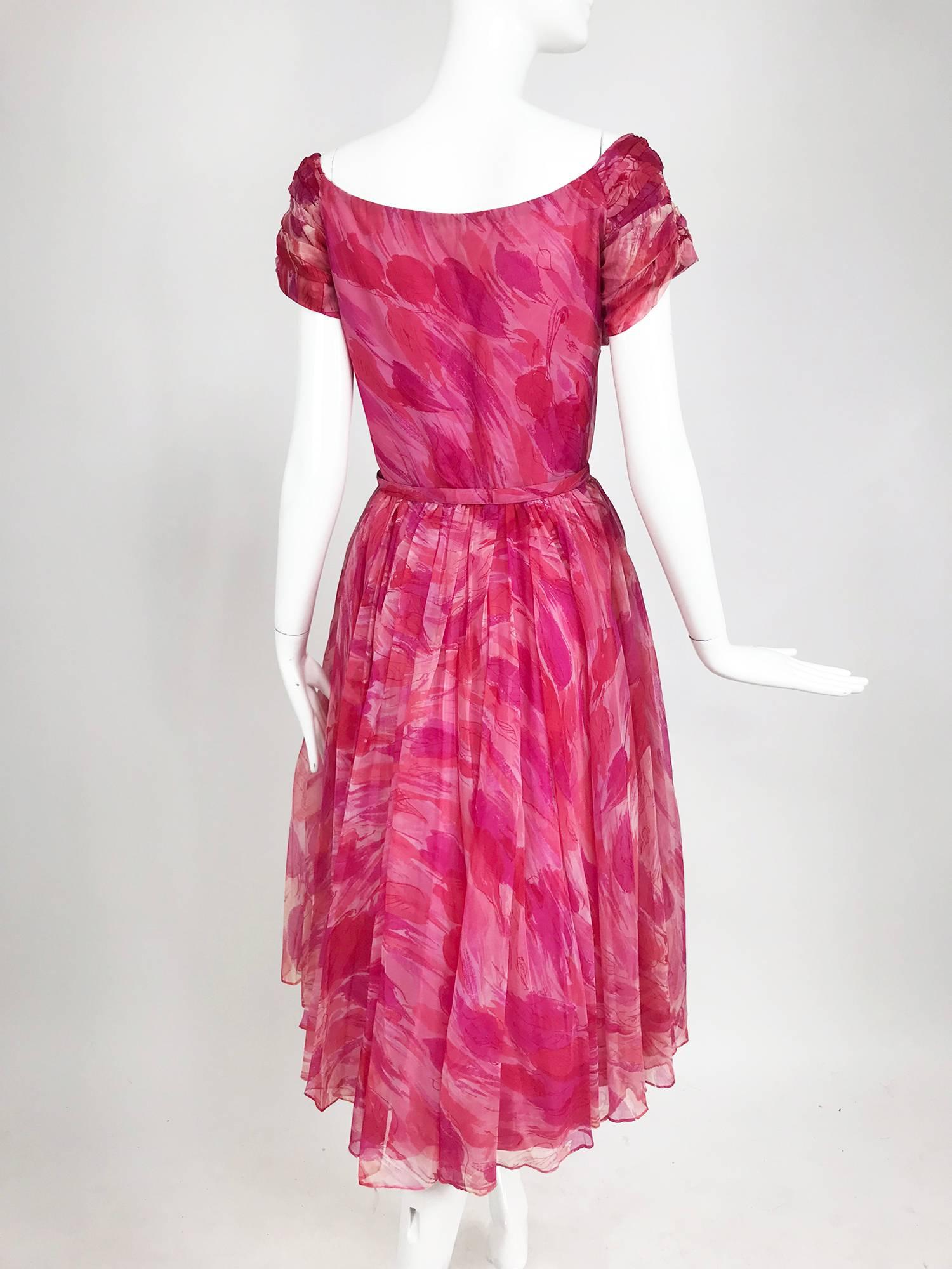 Women's Hot pink modernist floral print off the shoulder early 1960s organza dress