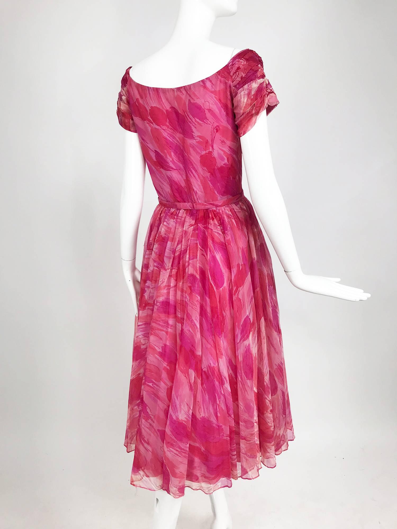 Hot pink modernist floral print off the shoulder early 1960s organza dress 1