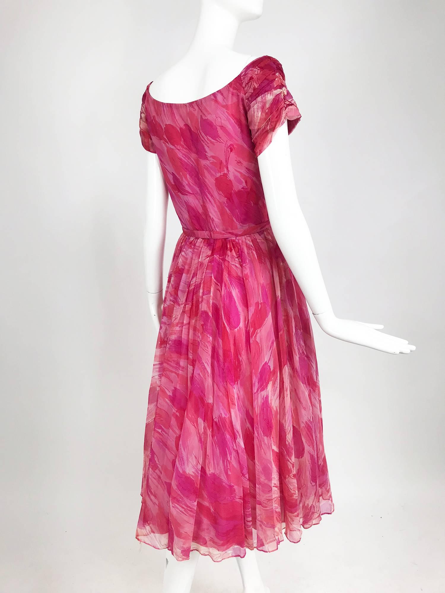 Hot pink modernist floral print off the shoulder early 1960s organza dress 2