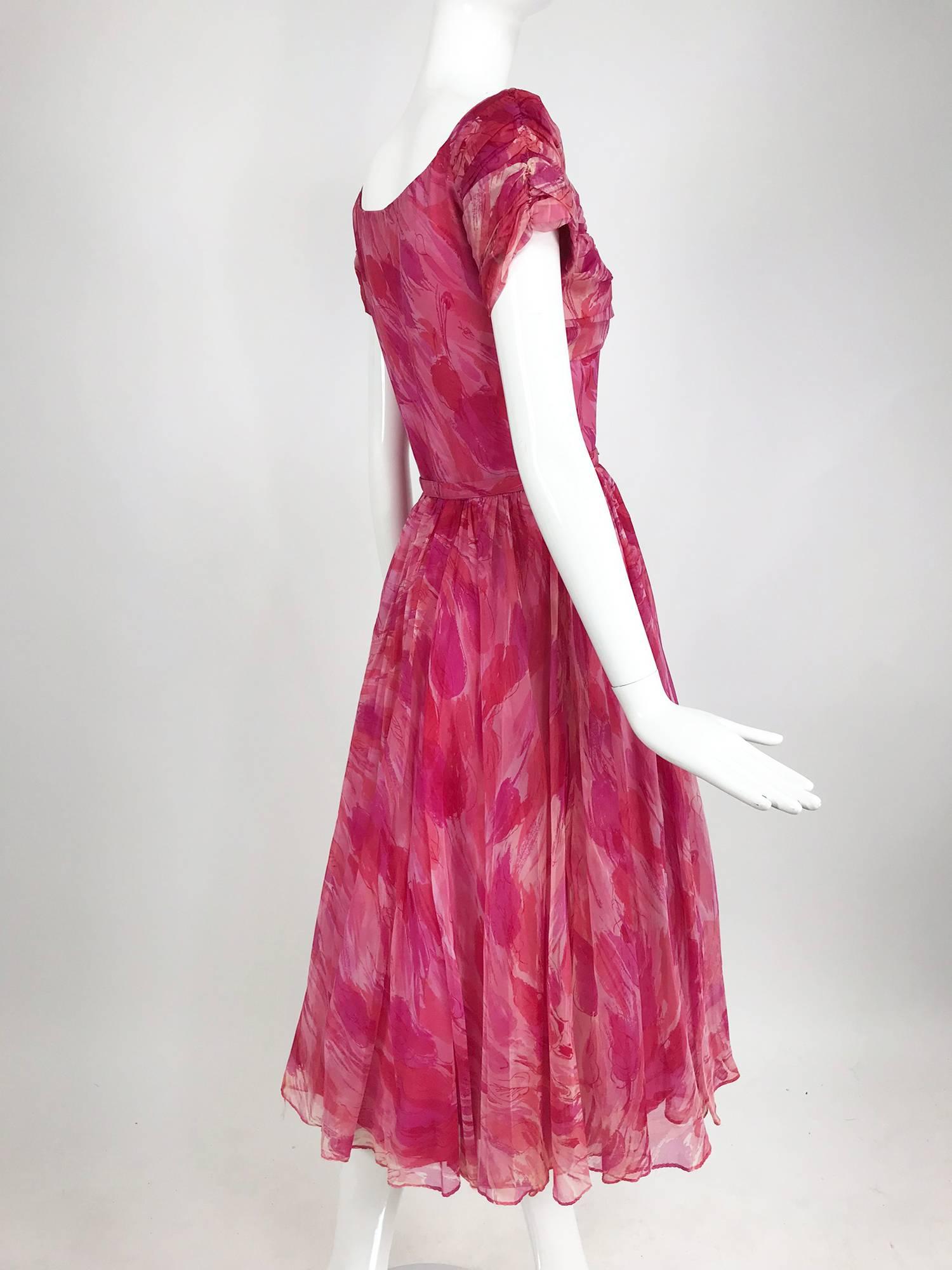 Hot pink modernist floral print off the shoulder early 1960s organza dress 3