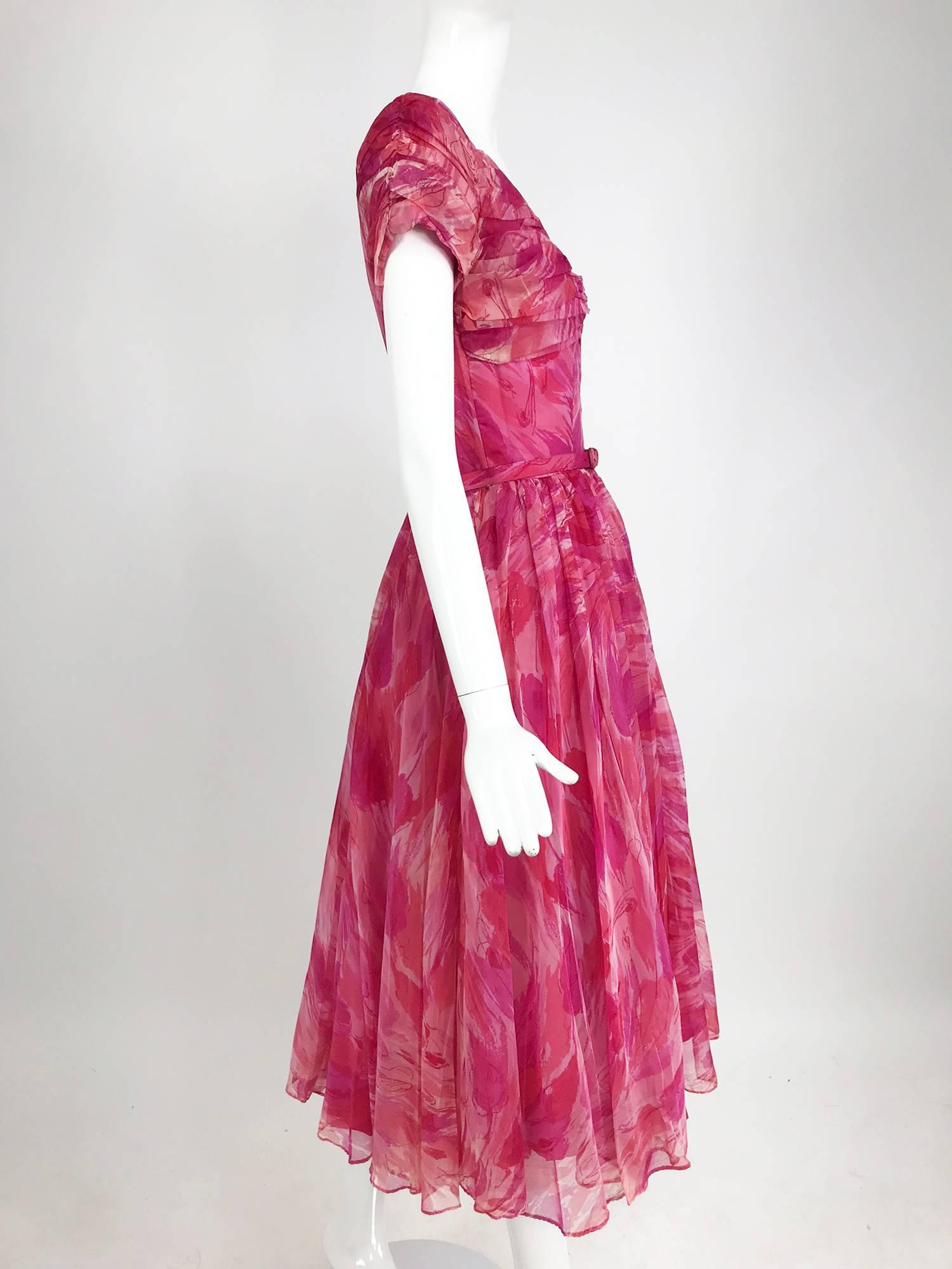 Hot pink modernist floral print off the shoulder early 1960s organza dress 4
