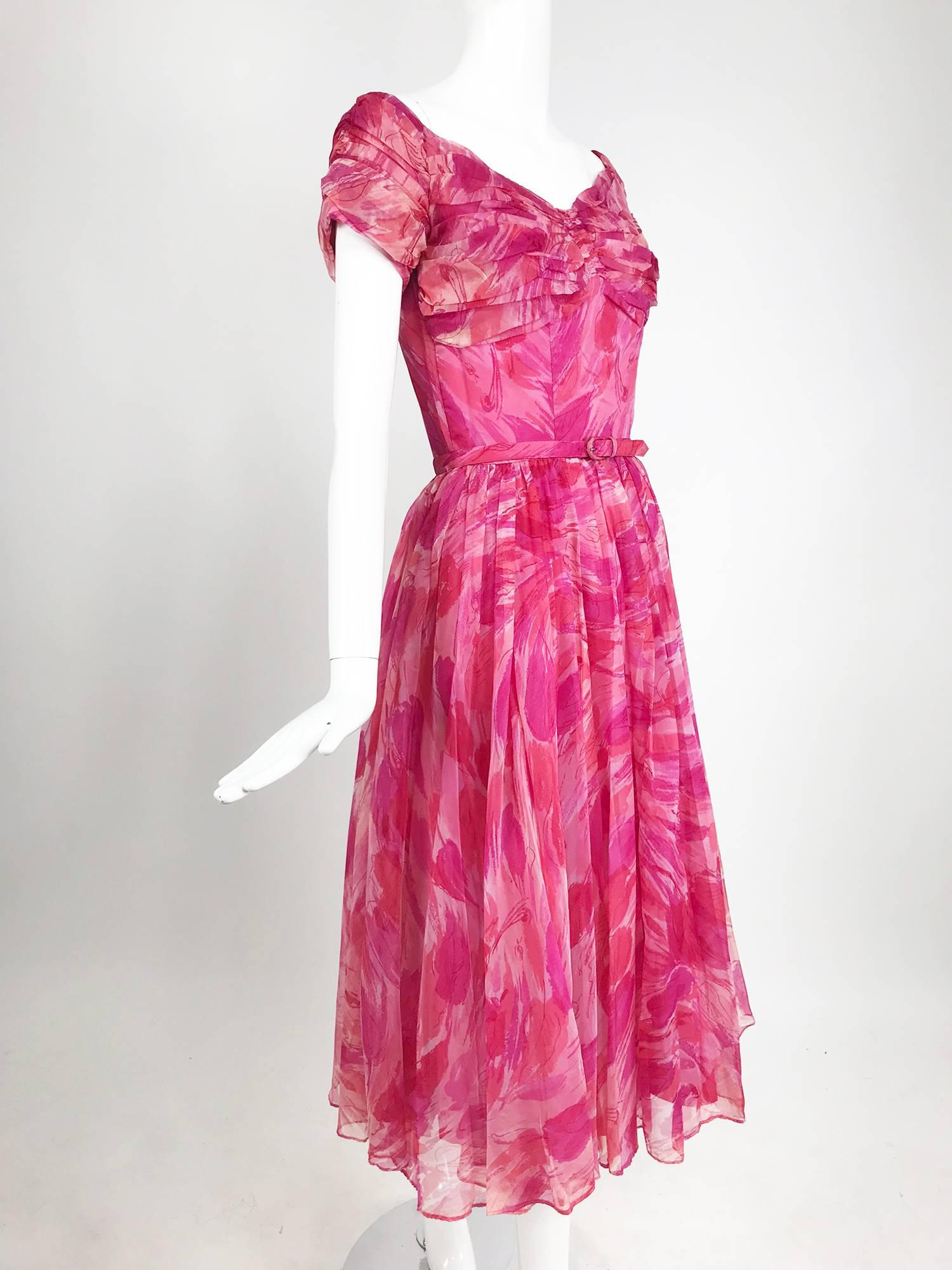 Hot pink modernist floral print off the shoulder early 1960s organza dress 5