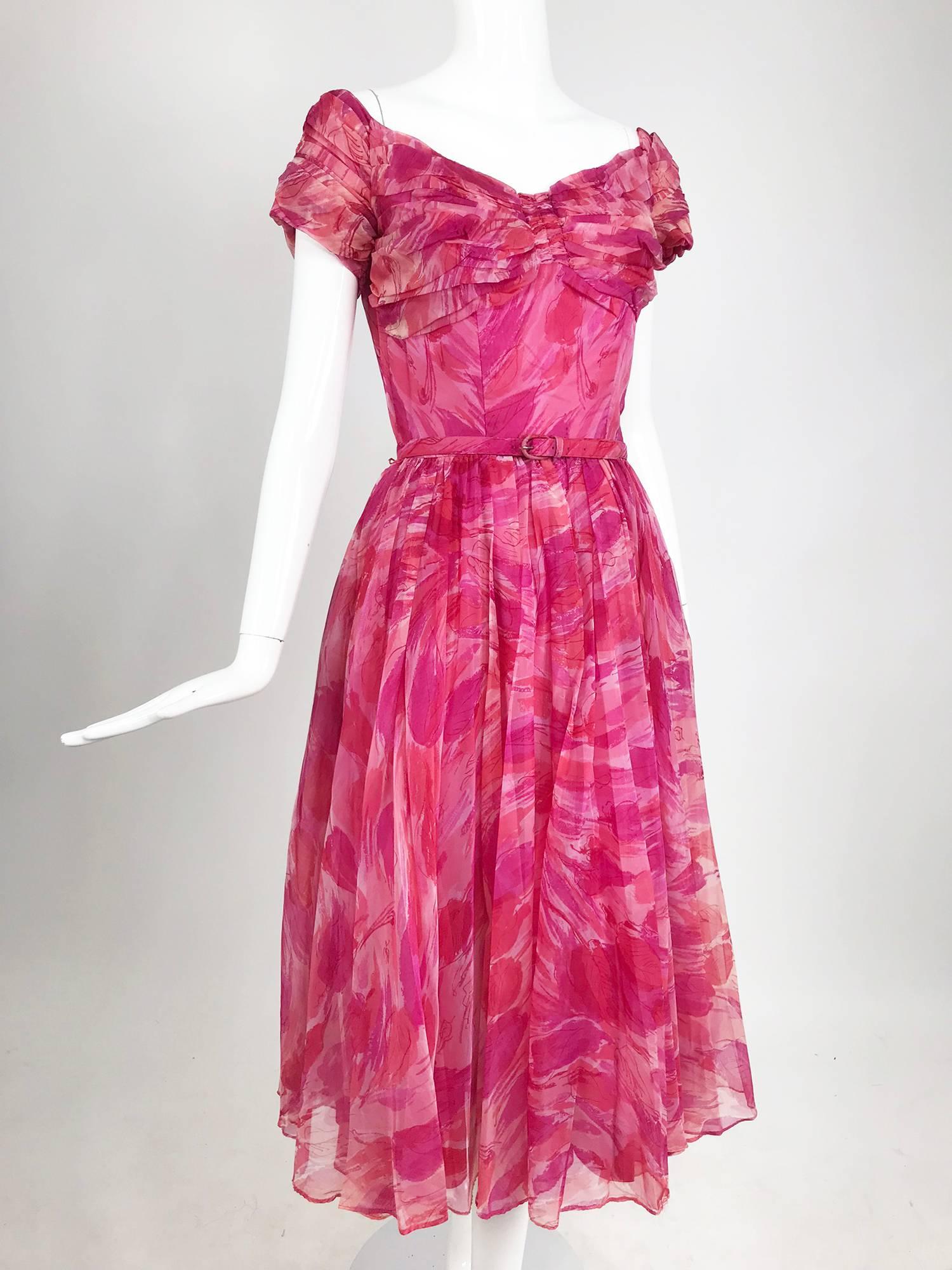 Hot pink modernist floral print off the shoulder early 1960s organza dress 6