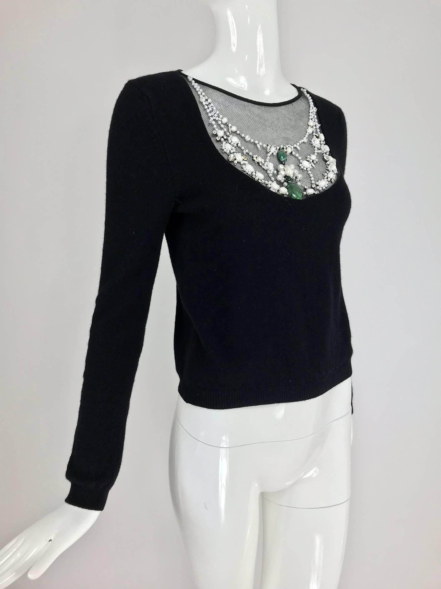 Black Oscar de la Renta jewel decorated neckline black sweater