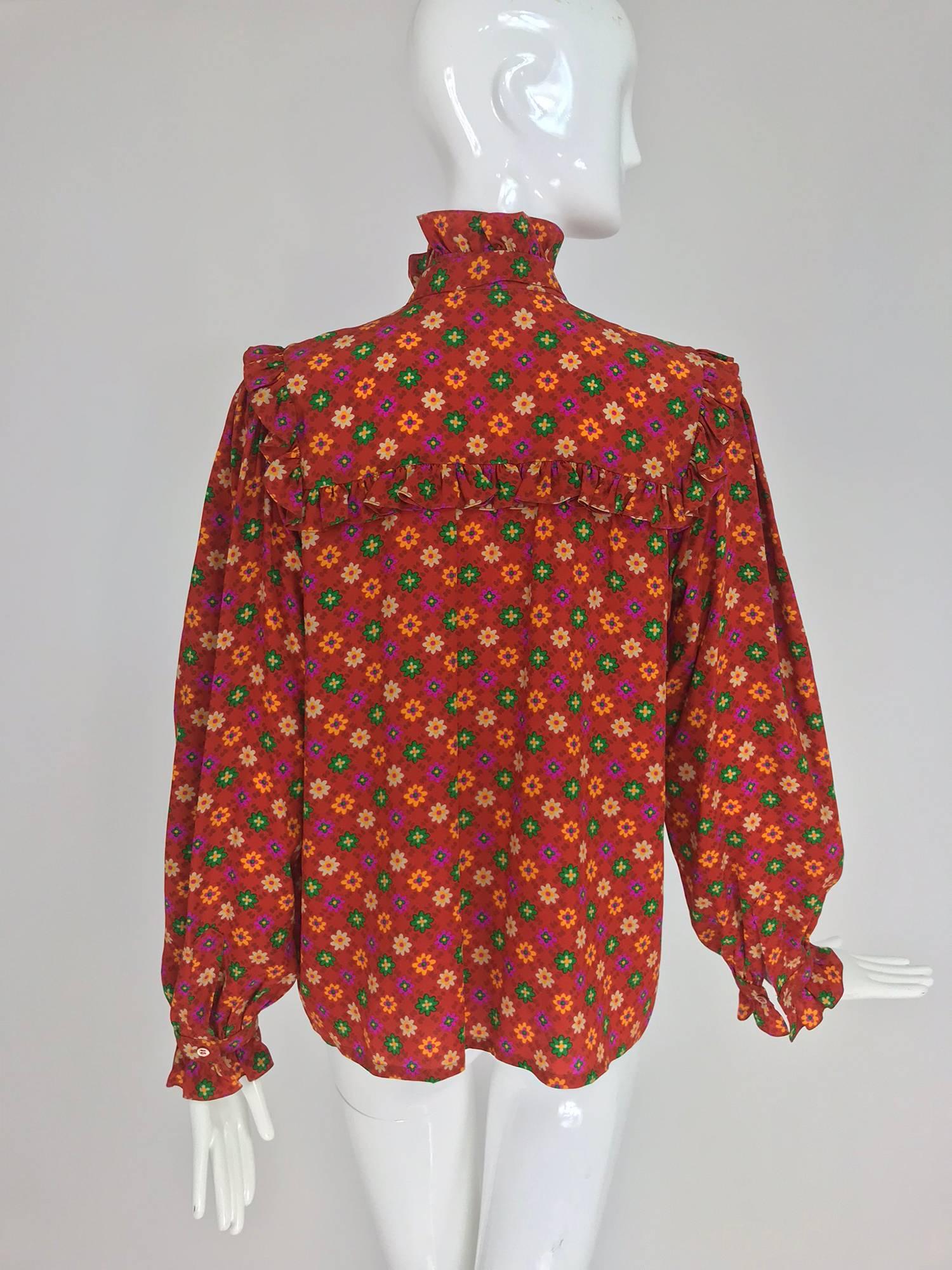 Yves Saint Laurent Floral print bow tie silk blouse, 1970s 1