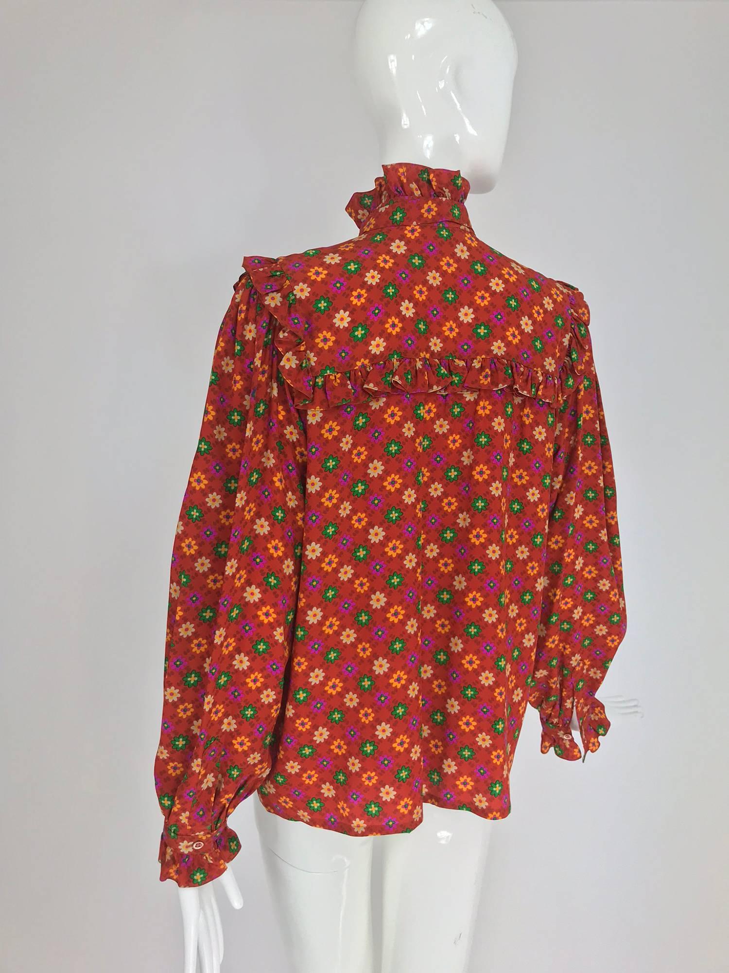 Yves Saint Laurent Floral print bow tie silk blouse, 1970s 2