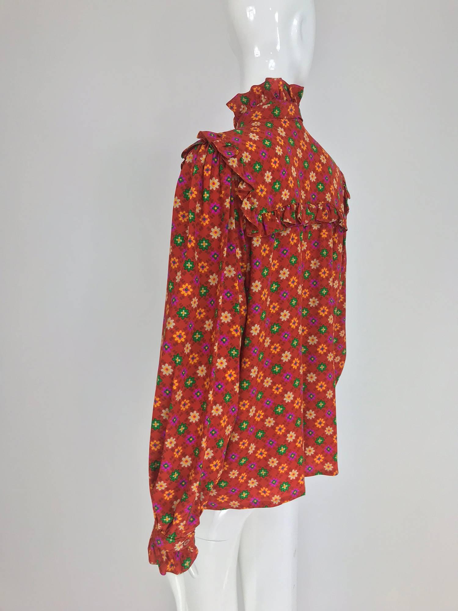 Yves Saint Laurent Floral print bow tie silk blouse, 1970s 3