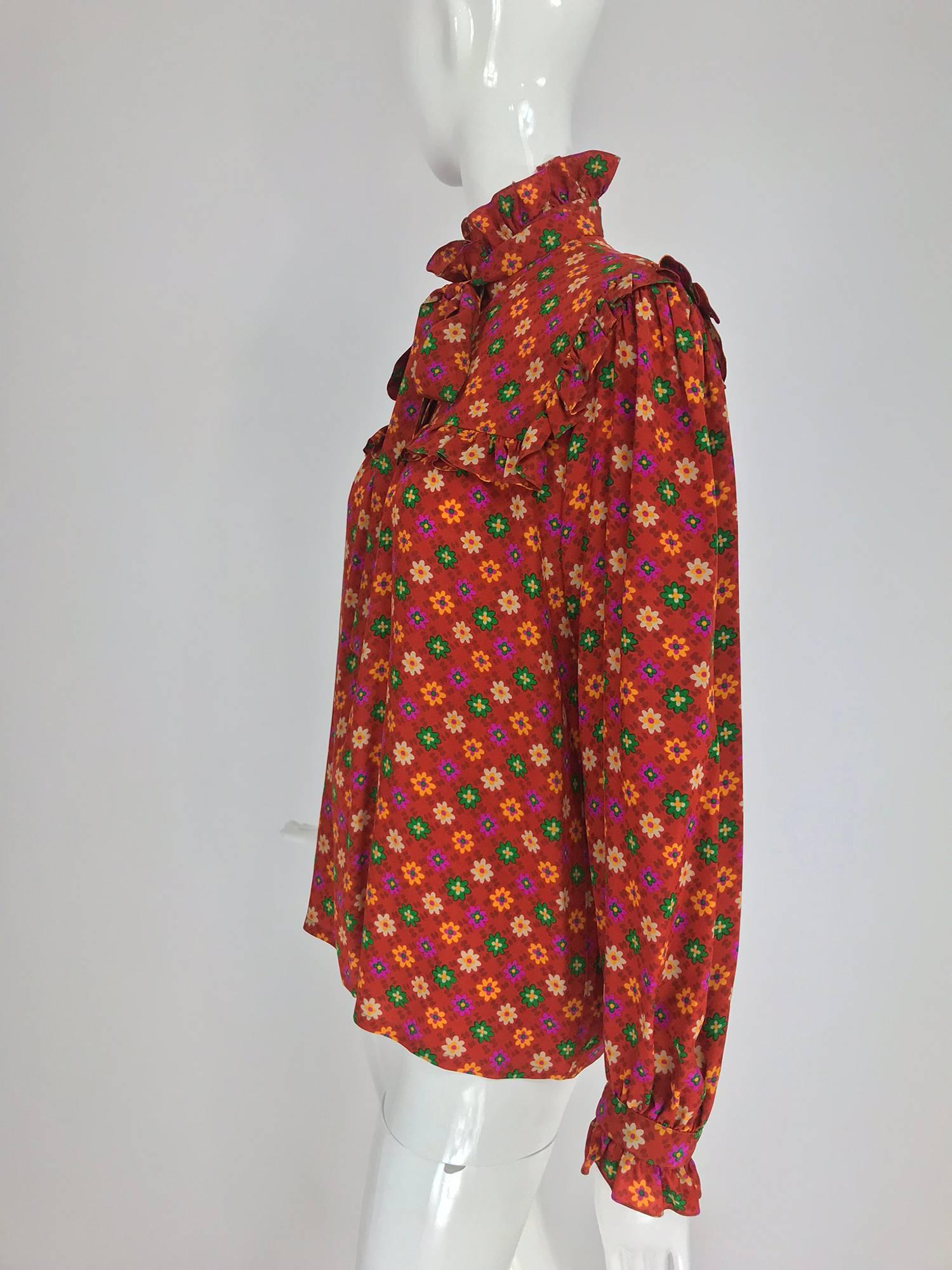 Yves Saint Laurent Floral print bow tie silk blouse, 1970s 6