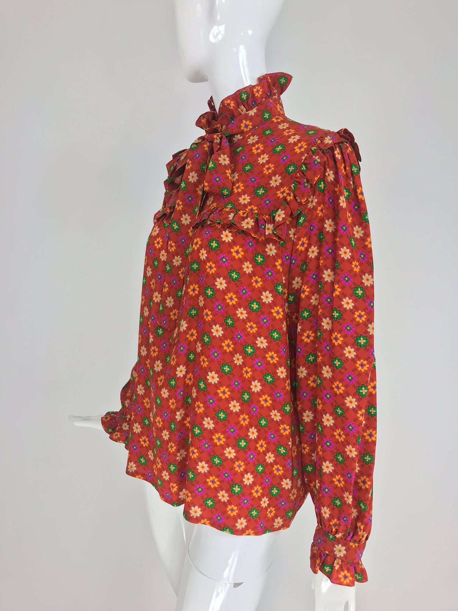 Yves Saint Laurent Floral print bow tie silk blouse, 1970s 7