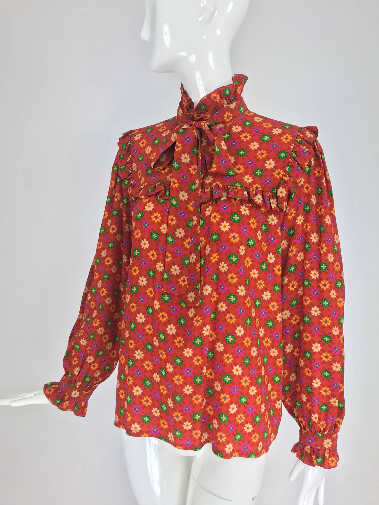 Yves Saint Laurent Floral print bow tie silk blouse, 1970s 8