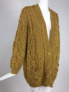Anne Klein chunky gold metallic knit cardigan sweater 1990s